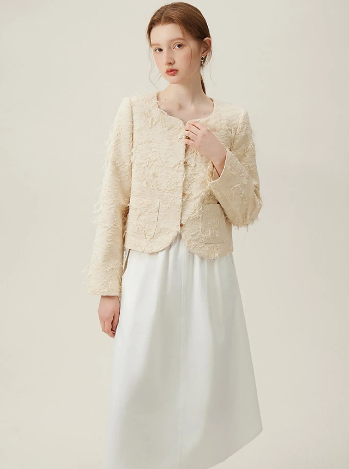 Elegant Boucle Pearl Button Coat