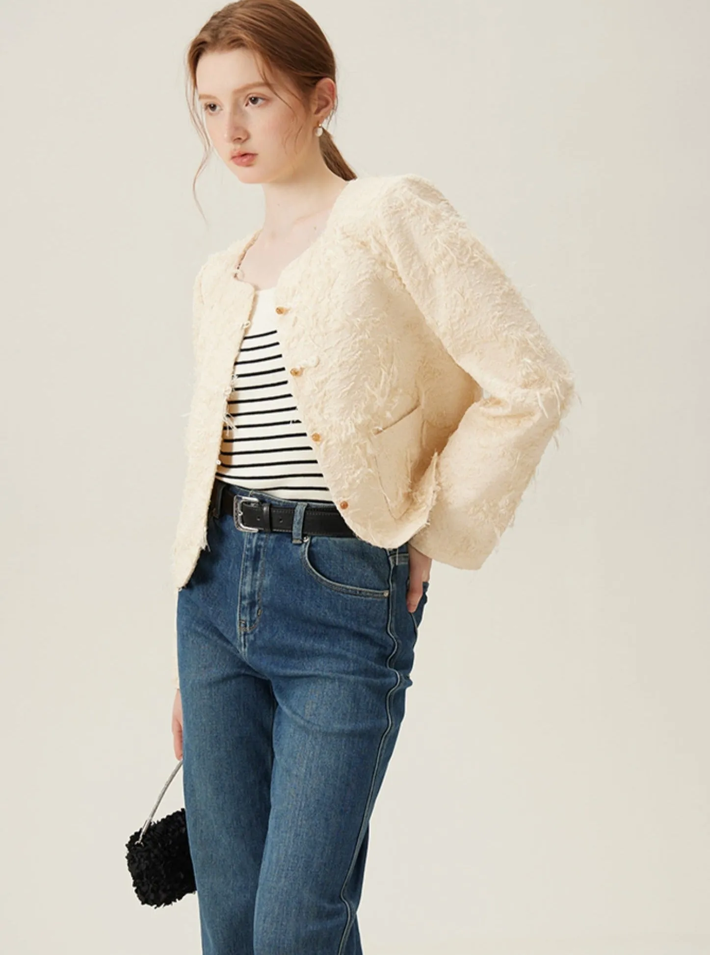 Elegant Boucle Pearl Button Coat