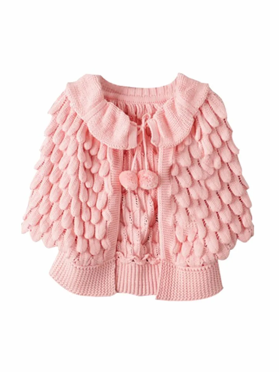 Fashion Toddler Girl Pom-trim Frilled Knitted Cardigan