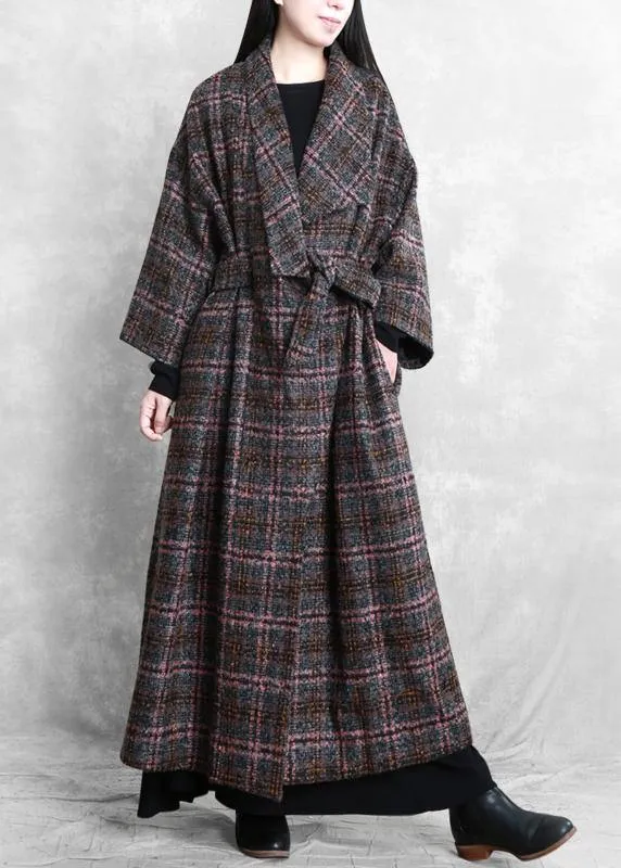 Fashion trendy plus size women coats gray plaid tie waist pockets wool coat