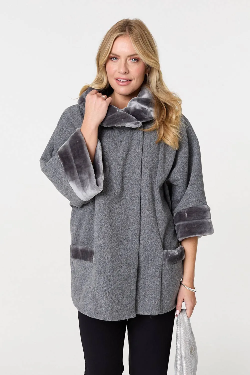 Faux Fur Trim 3/4 Sleeve Cape Coat