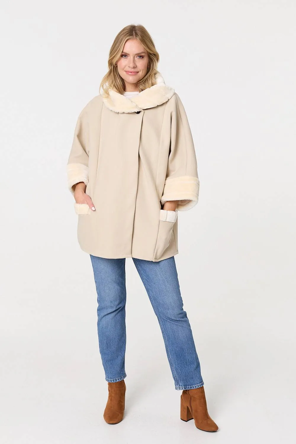 Faux Fur Trim 3/4 Sleeve Cape Coat