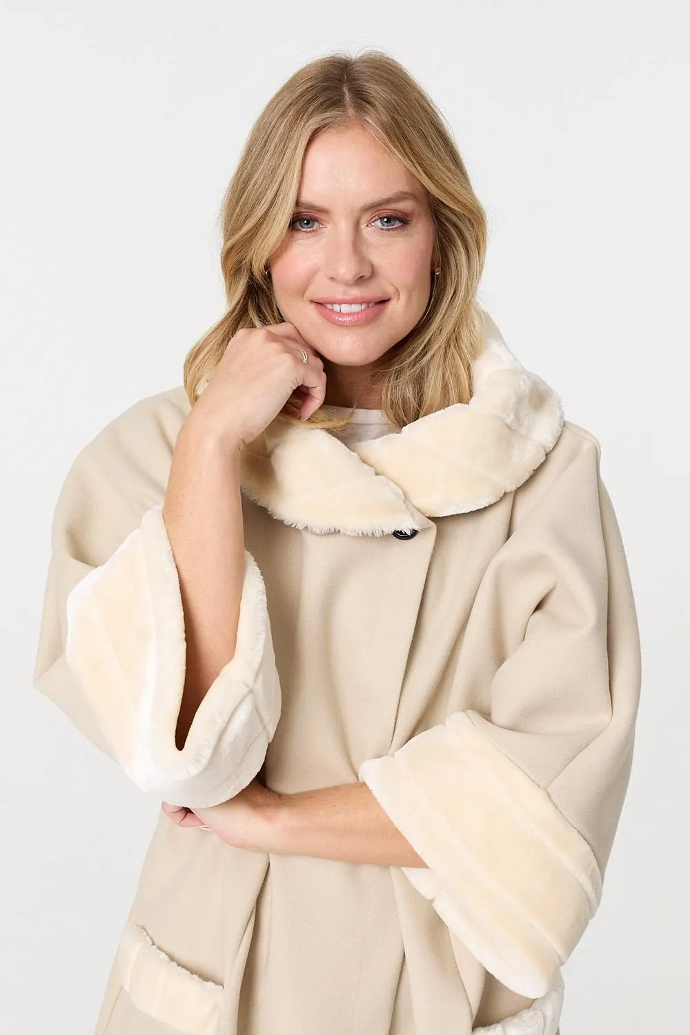 Faux Fur Trim 3/4 Sleeve Cape Coat