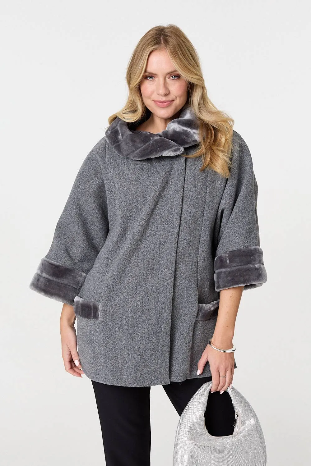 Faux Fur Trim 3/4 Sleeve Cape Coat