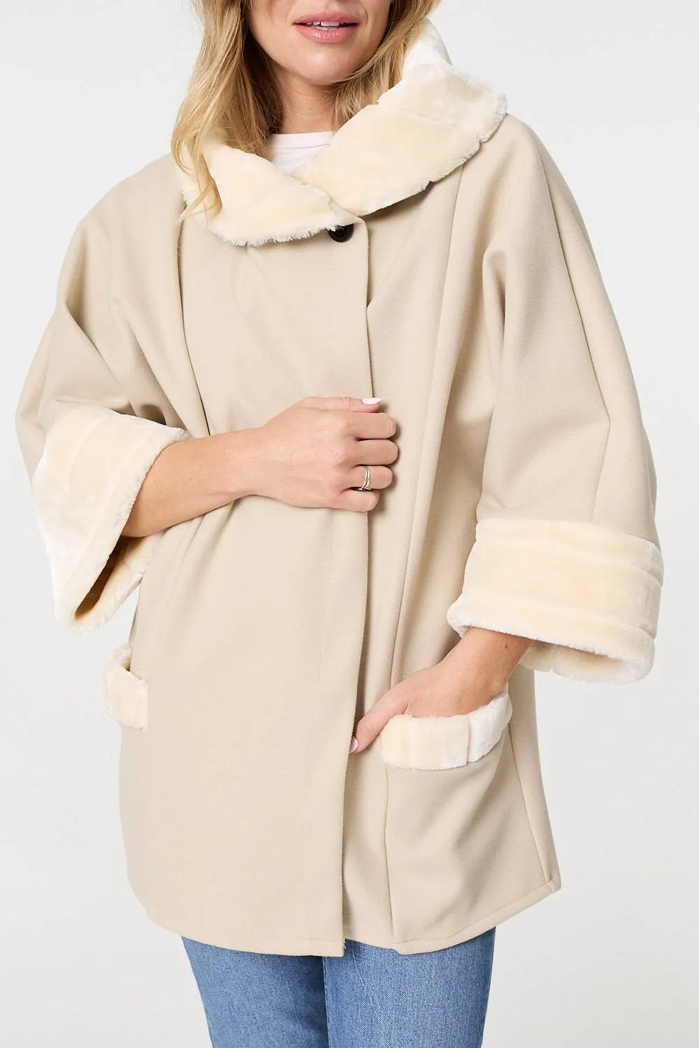 Faux Fur Trim 3/4 Sleeve Cape Coat