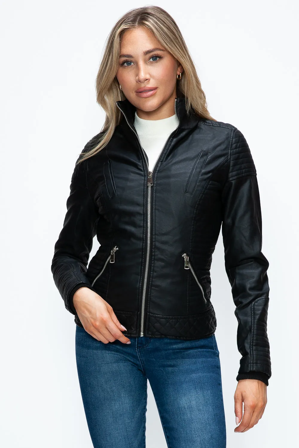 Faux Layered Double-Zipper Jacket with Fuzzy Hood