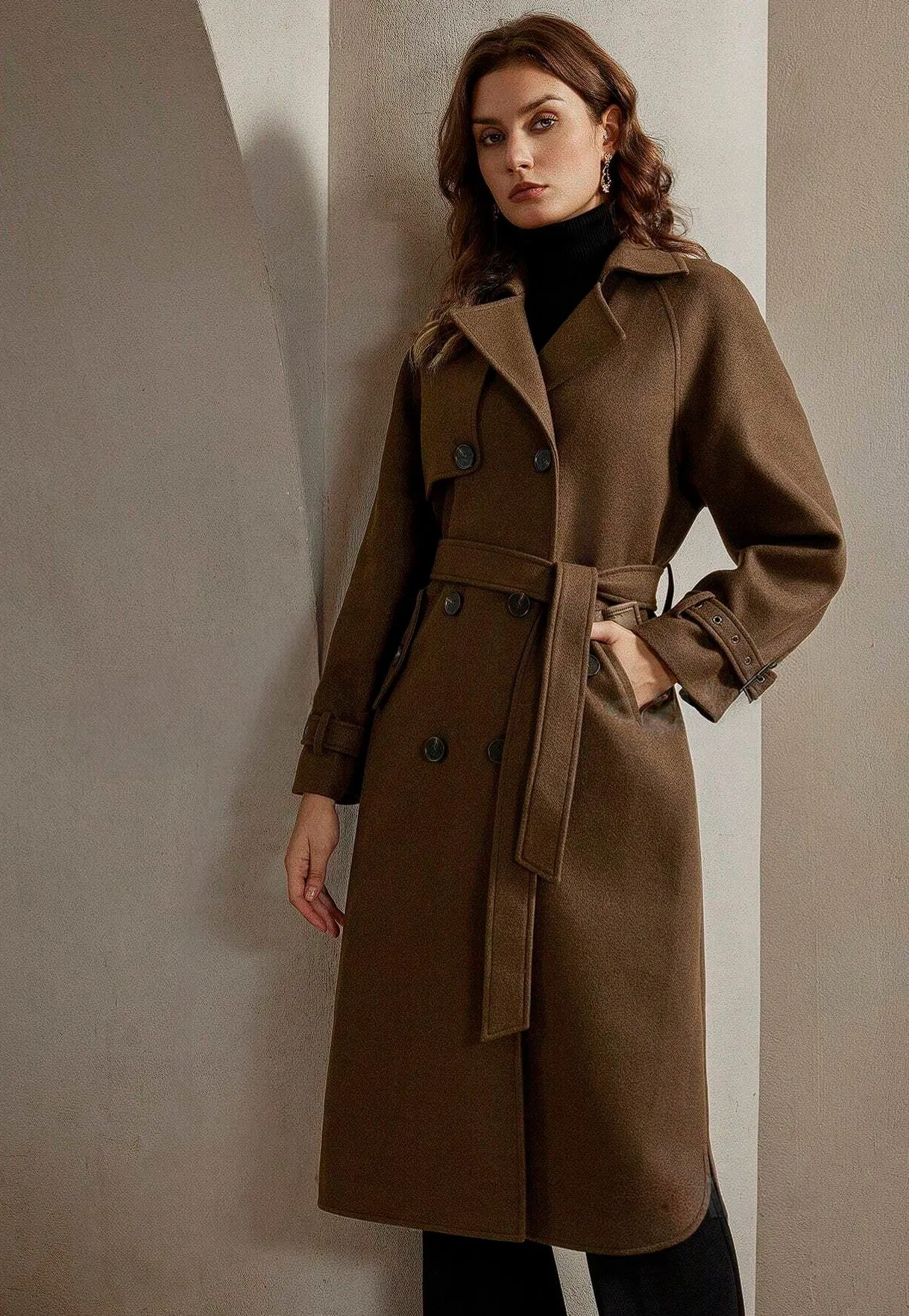 Gia Double Breast Felt Coat in Coffee Brown