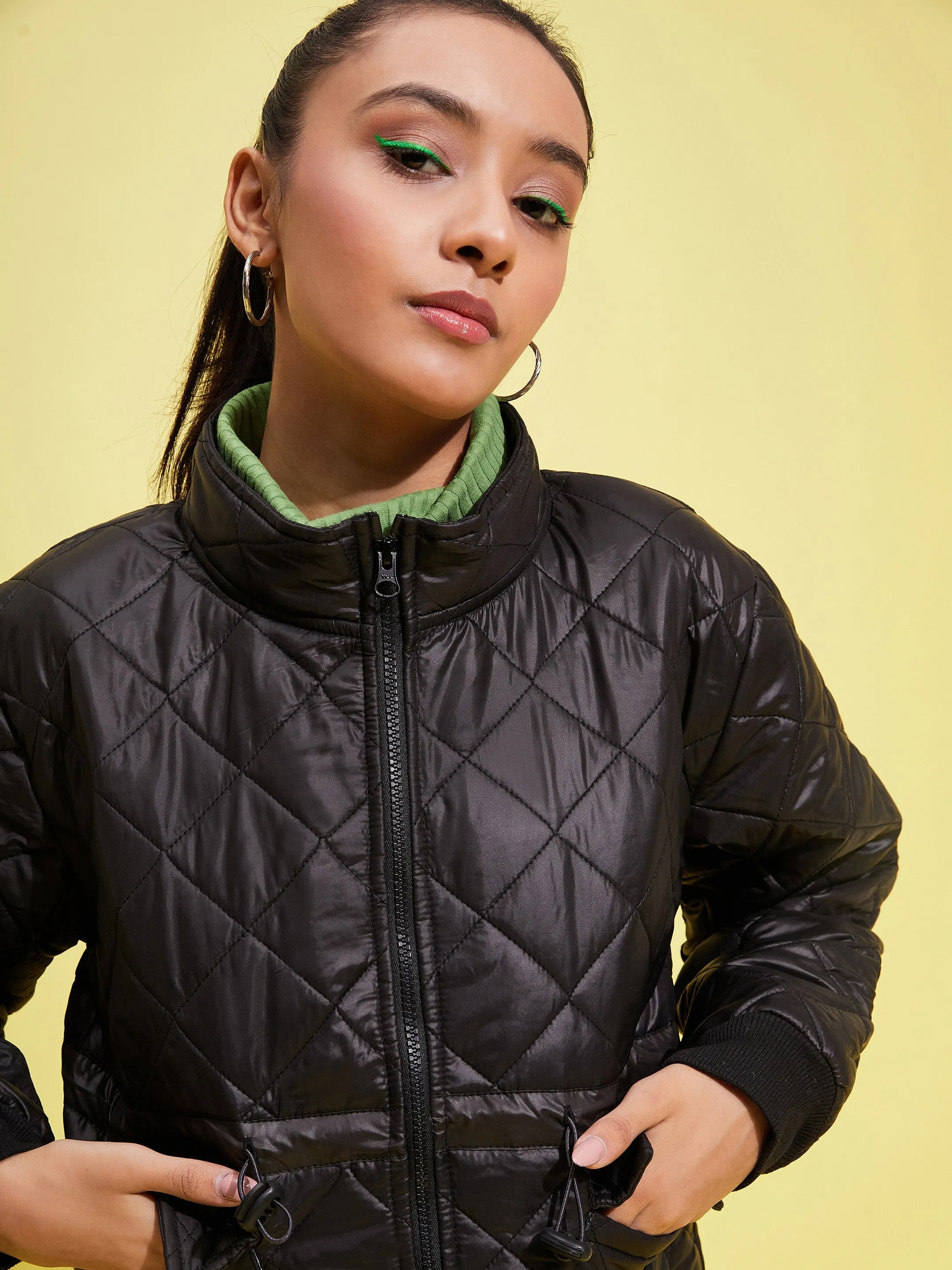 Girls Black Front Pocket Quilted Jacket