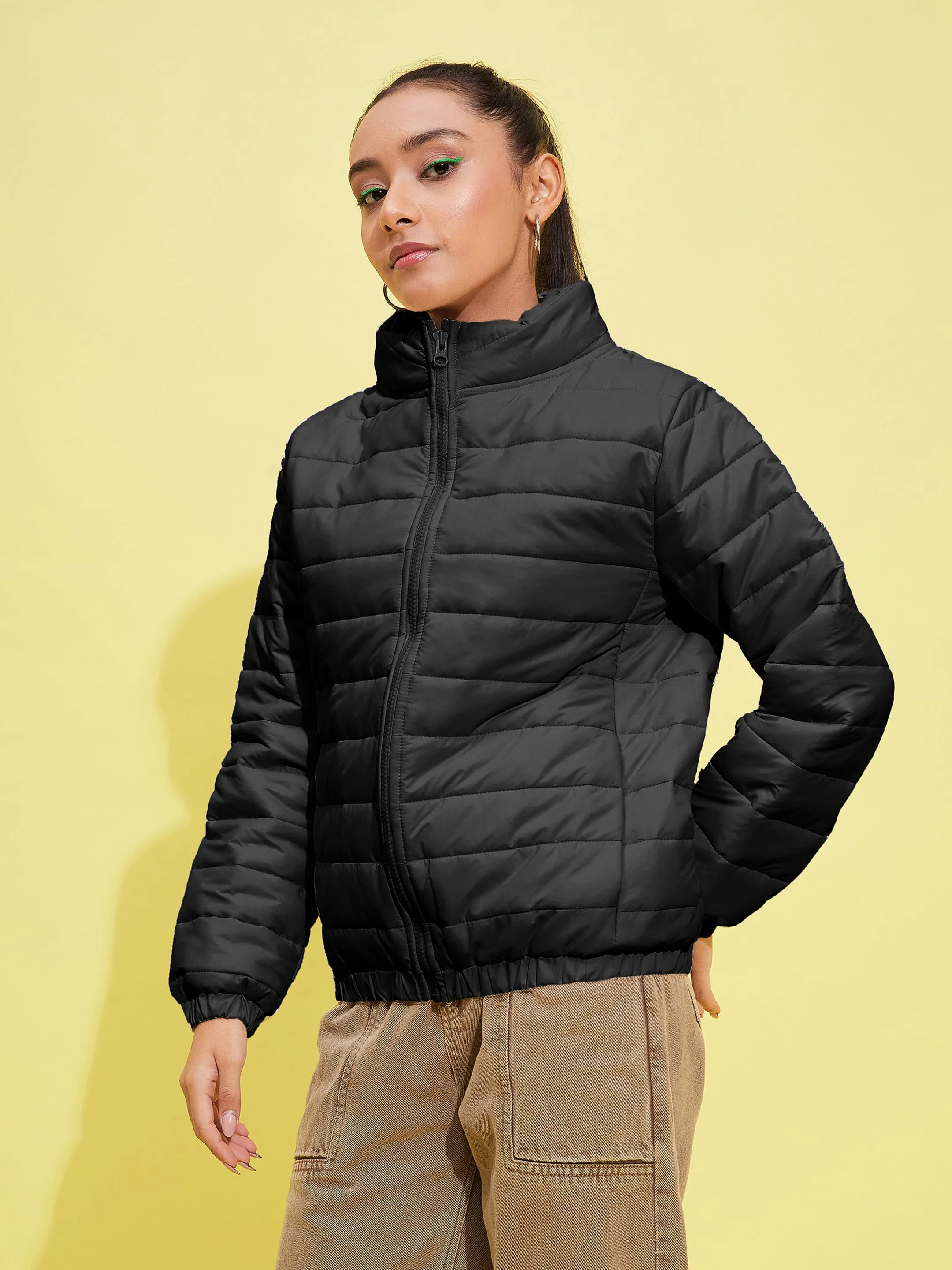 Girls Black Taffeta Quilted Zipper Jacket