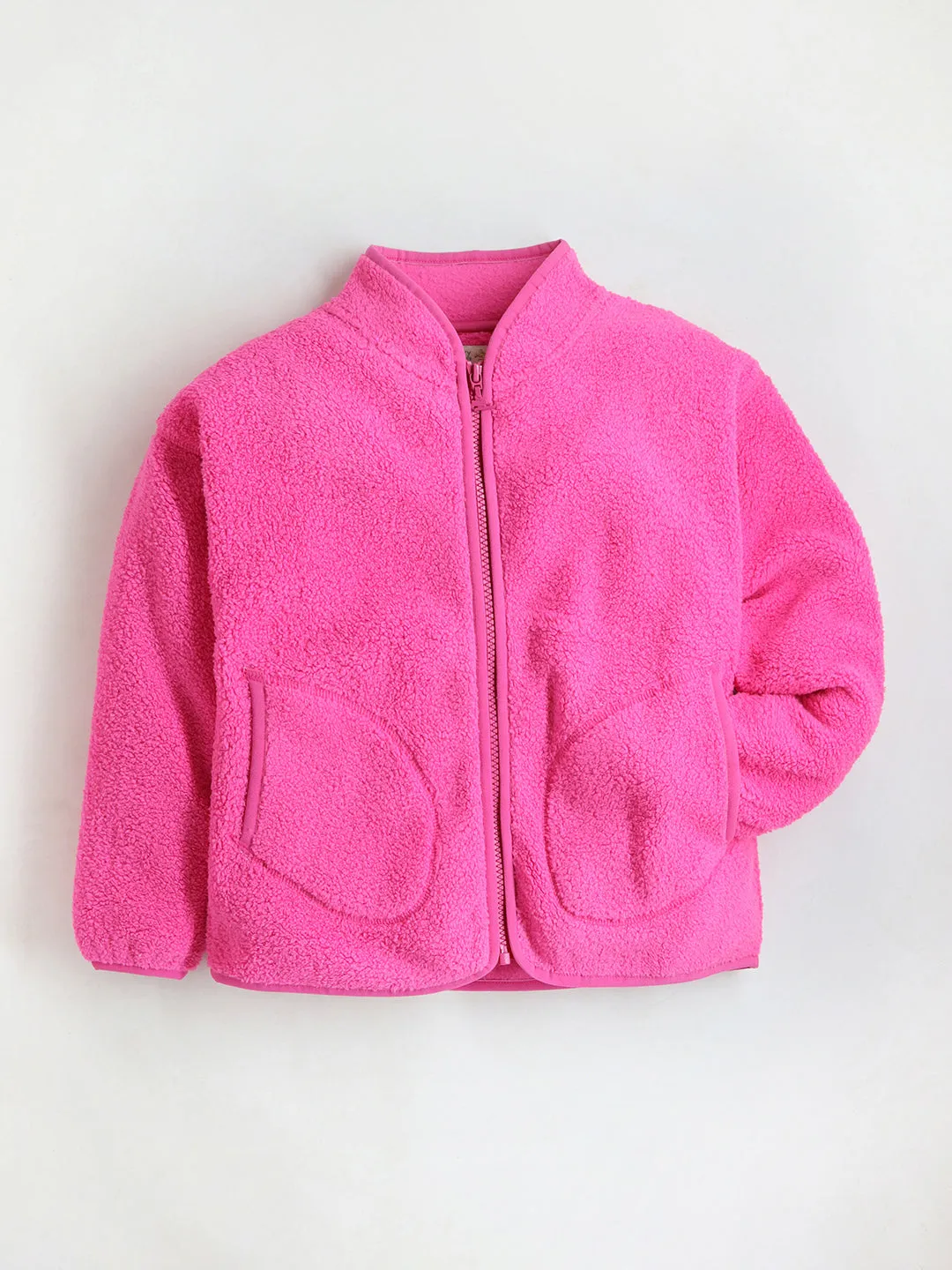 Girls' Hot Pink High Collar Full Sleeve Zipper Jacket for Ultimate Style