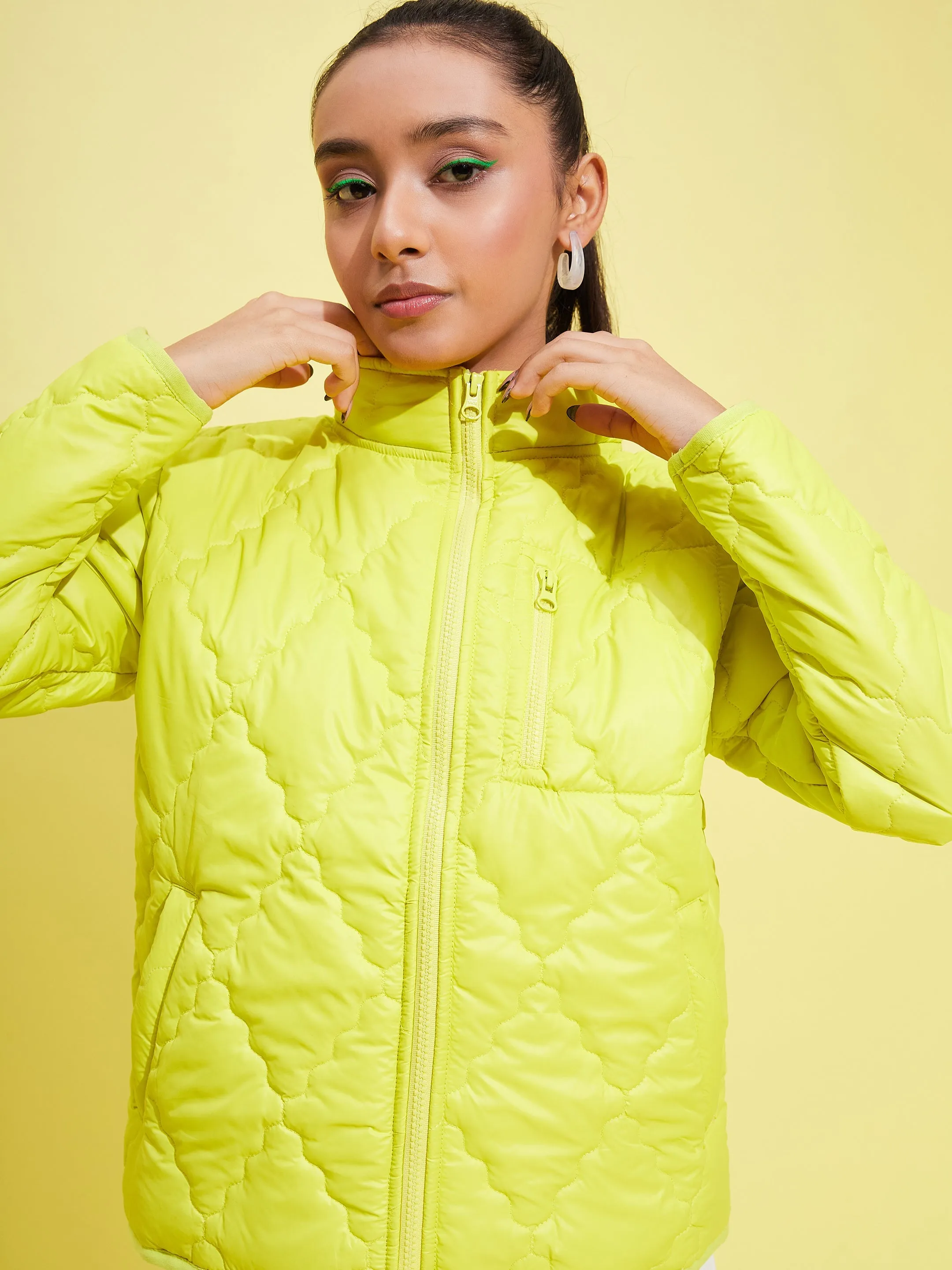 Girls Neon Yellow Quilted Zipper Jacket