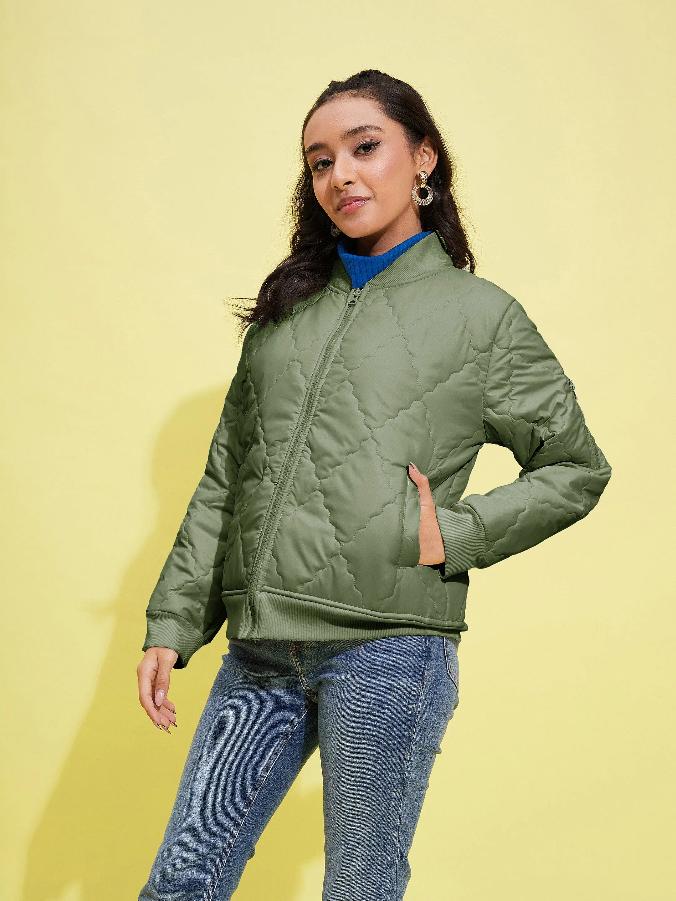 Girls Olive Quilted Bomber Jacket