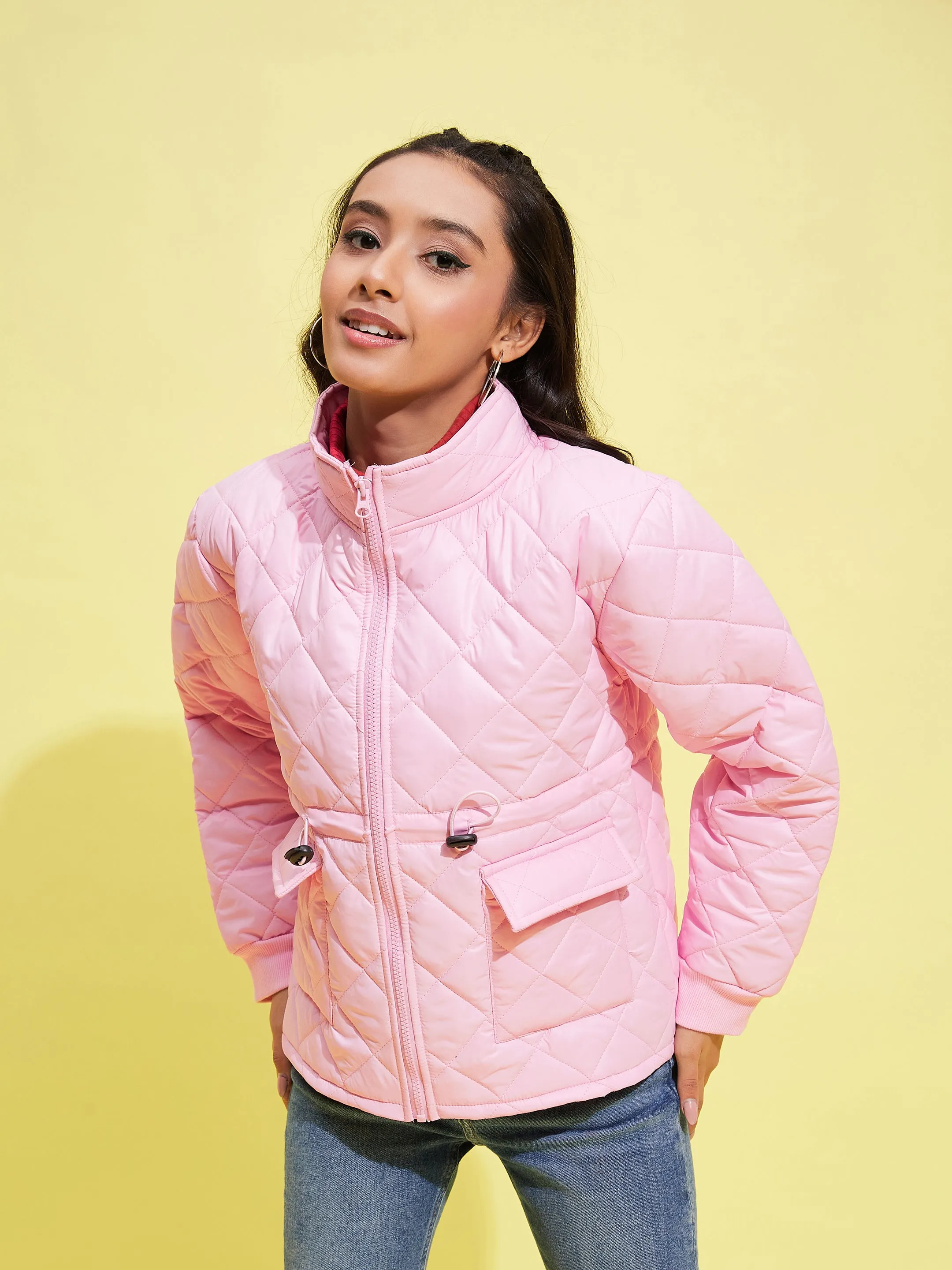 Girls Pink Front Pocket Quilted Jacket