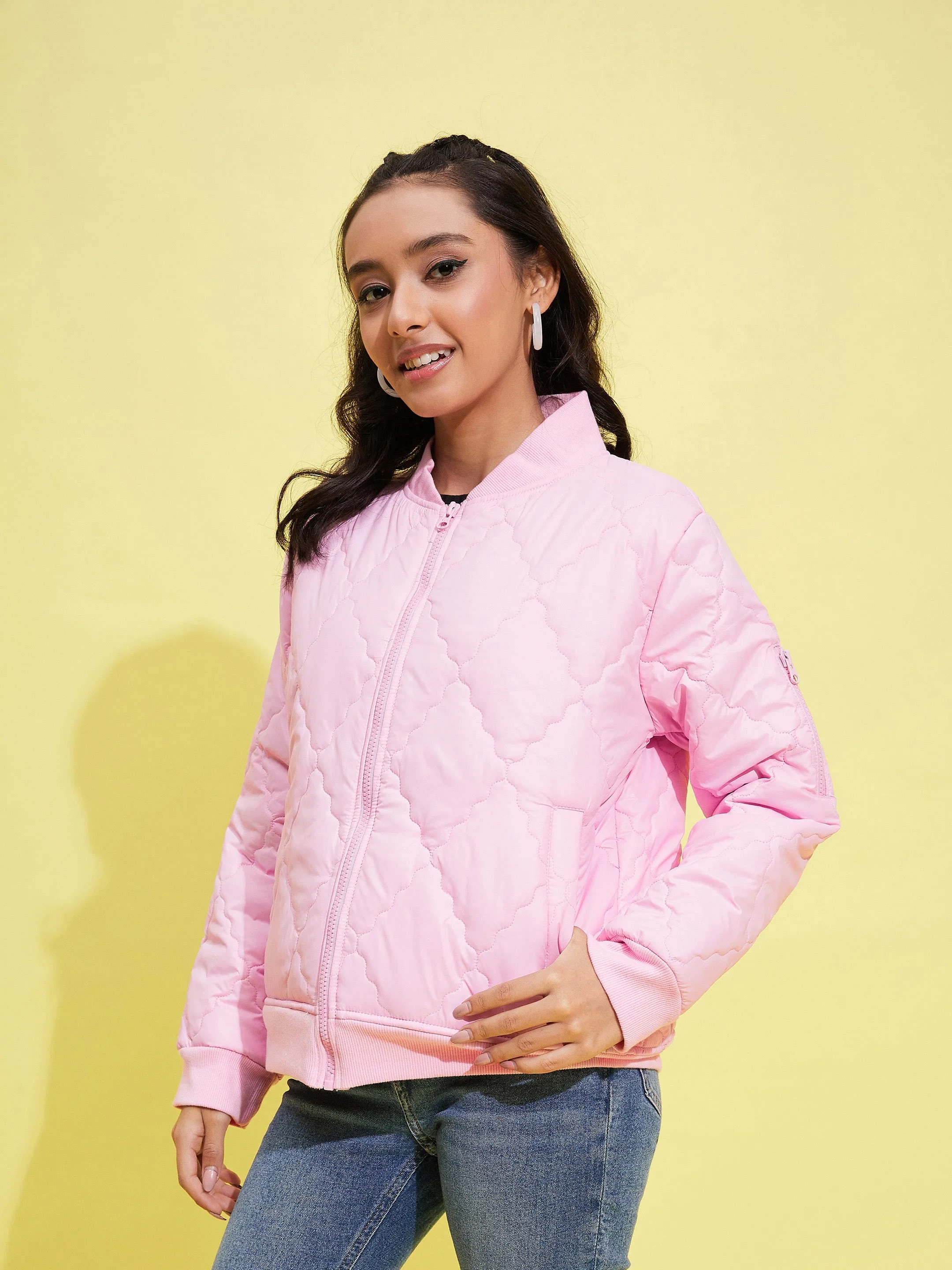 Girls Pink Quilted Bomber Jacket