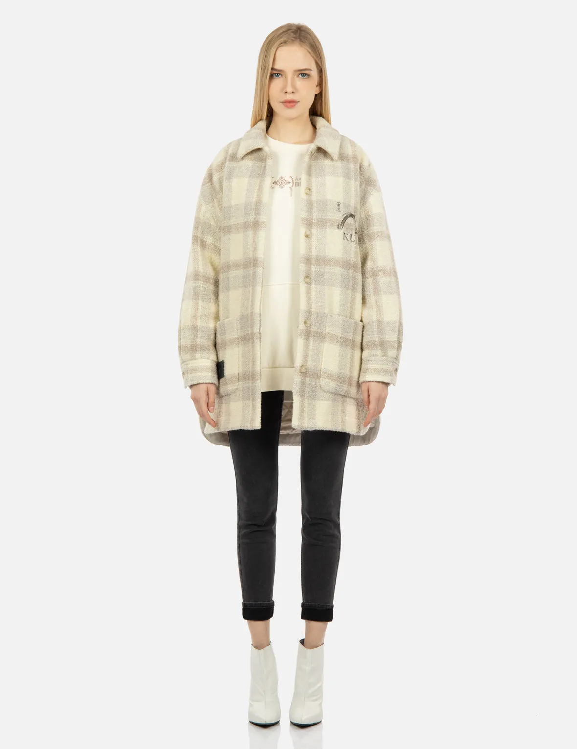 Gradient Kamon Embroidery Plaid Shirt Jacket