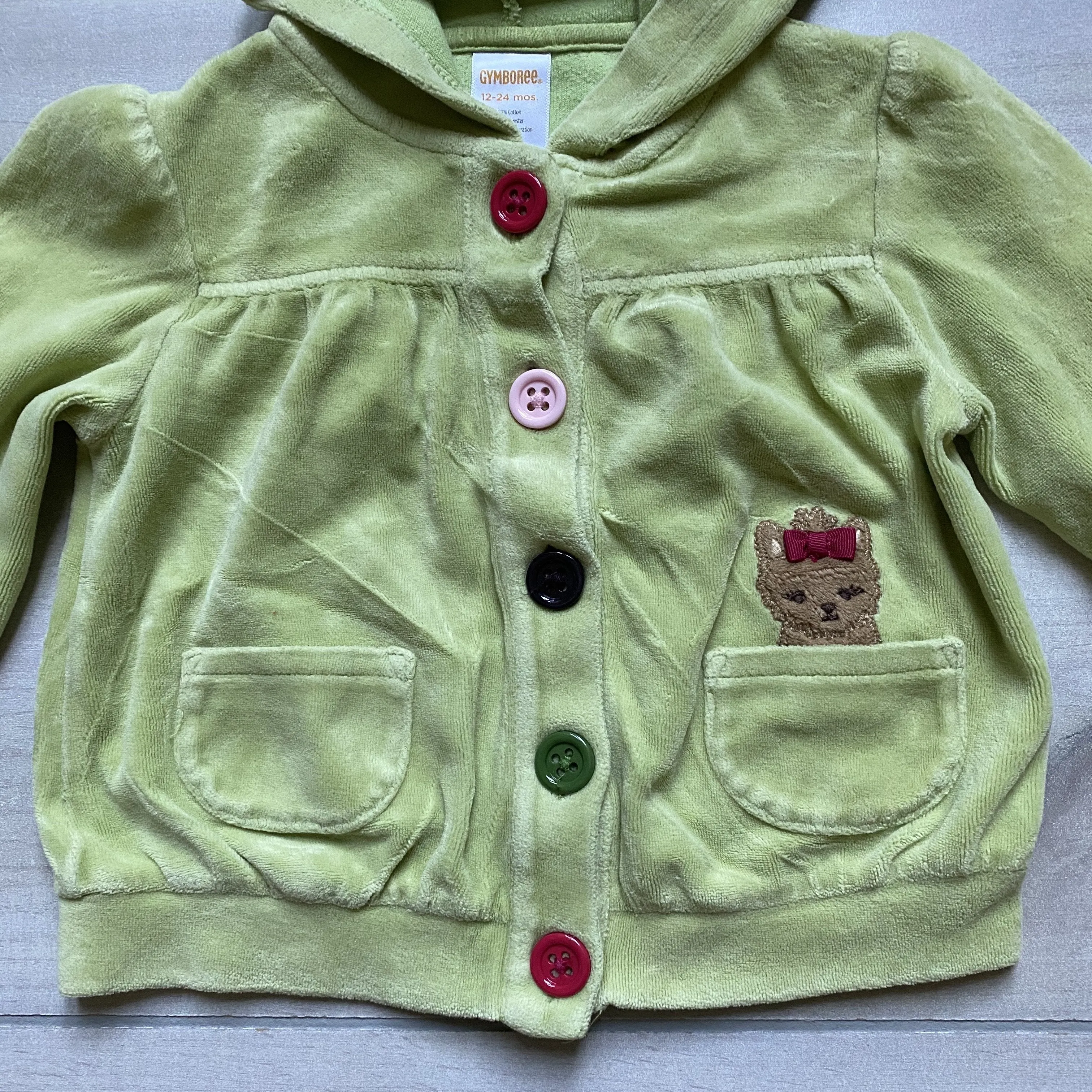 Gymboree Green Velour Hooded Button Front Puppy Pocket Cardigan