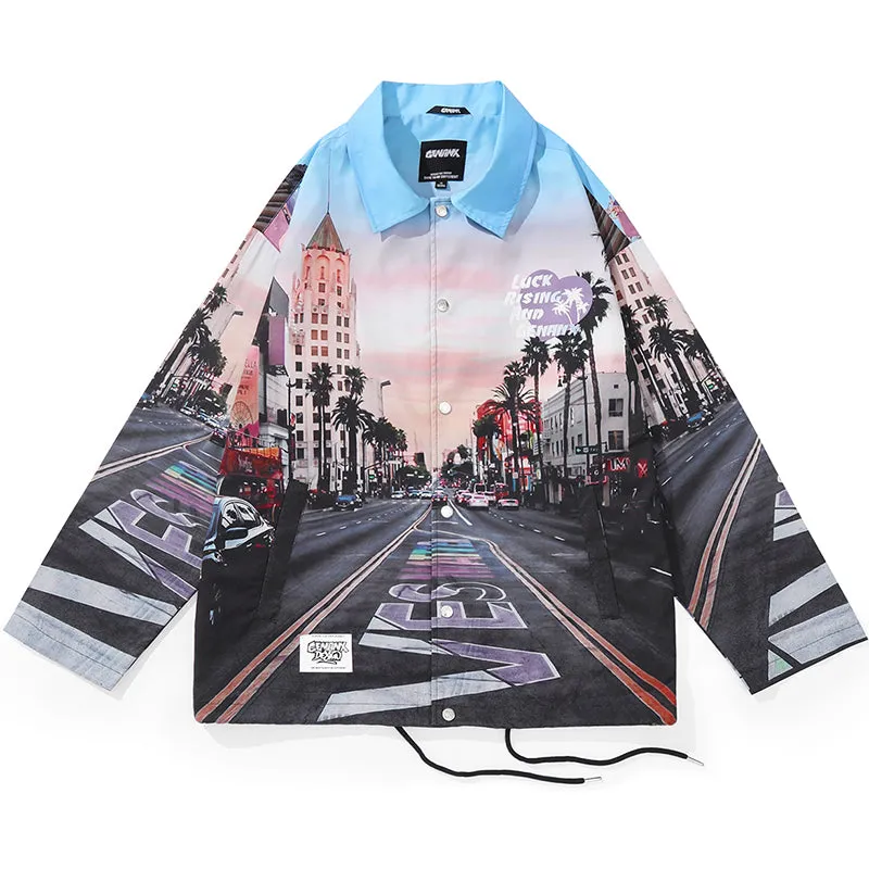 Illustration Doodle Seaside City Road Print Lapel Jacket