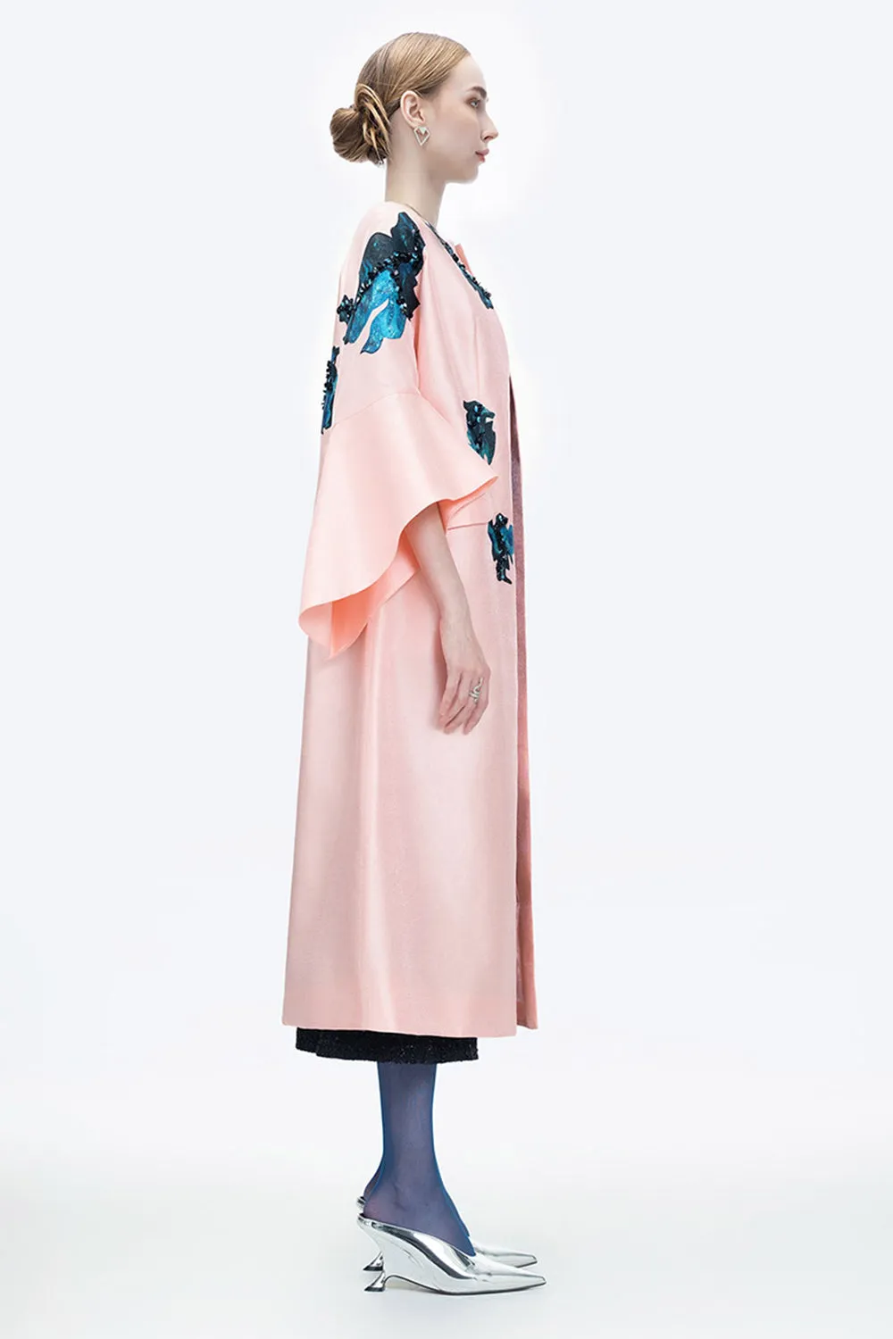 Inner Blossom Trapezoid Bell Sleeved Zibeline Calf Length Coat