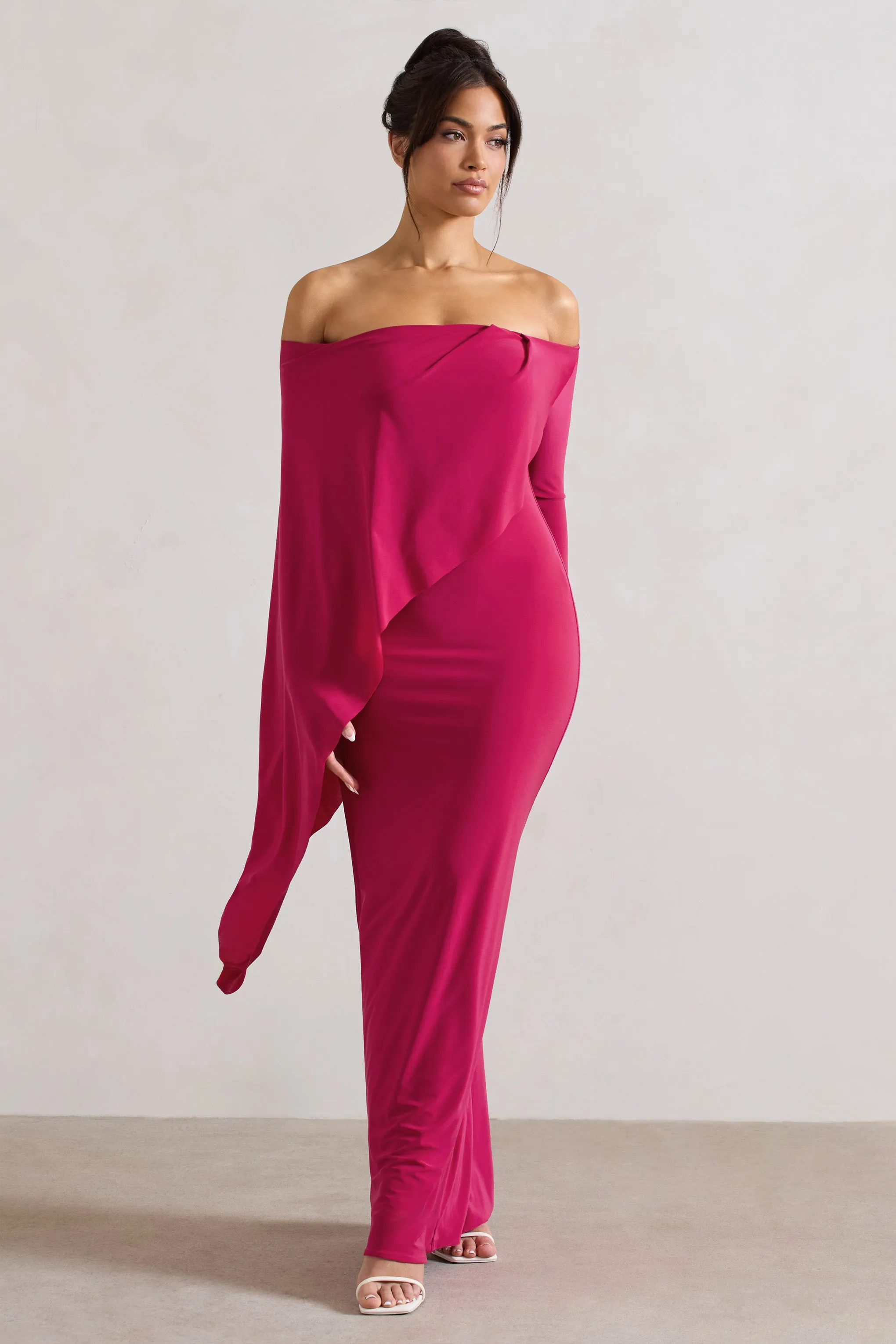 Jana | Dark Pink Bardot Cape Maxi Dress