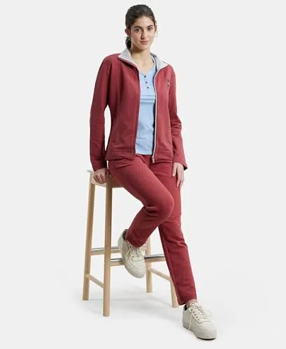 Jockey UL08 Women's Super Combed Cotton Elastane Stretch Full Zip High Neck Jacket With Convenient Front Pockets_Rust Red Melange_