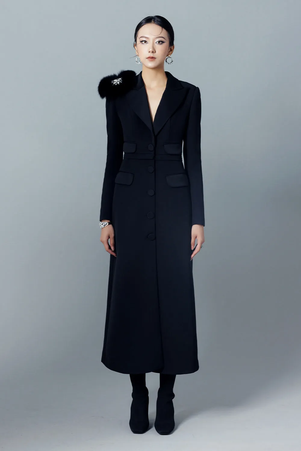 Kelsey A-line Single Breasted Taffeta Midi Trench Coat