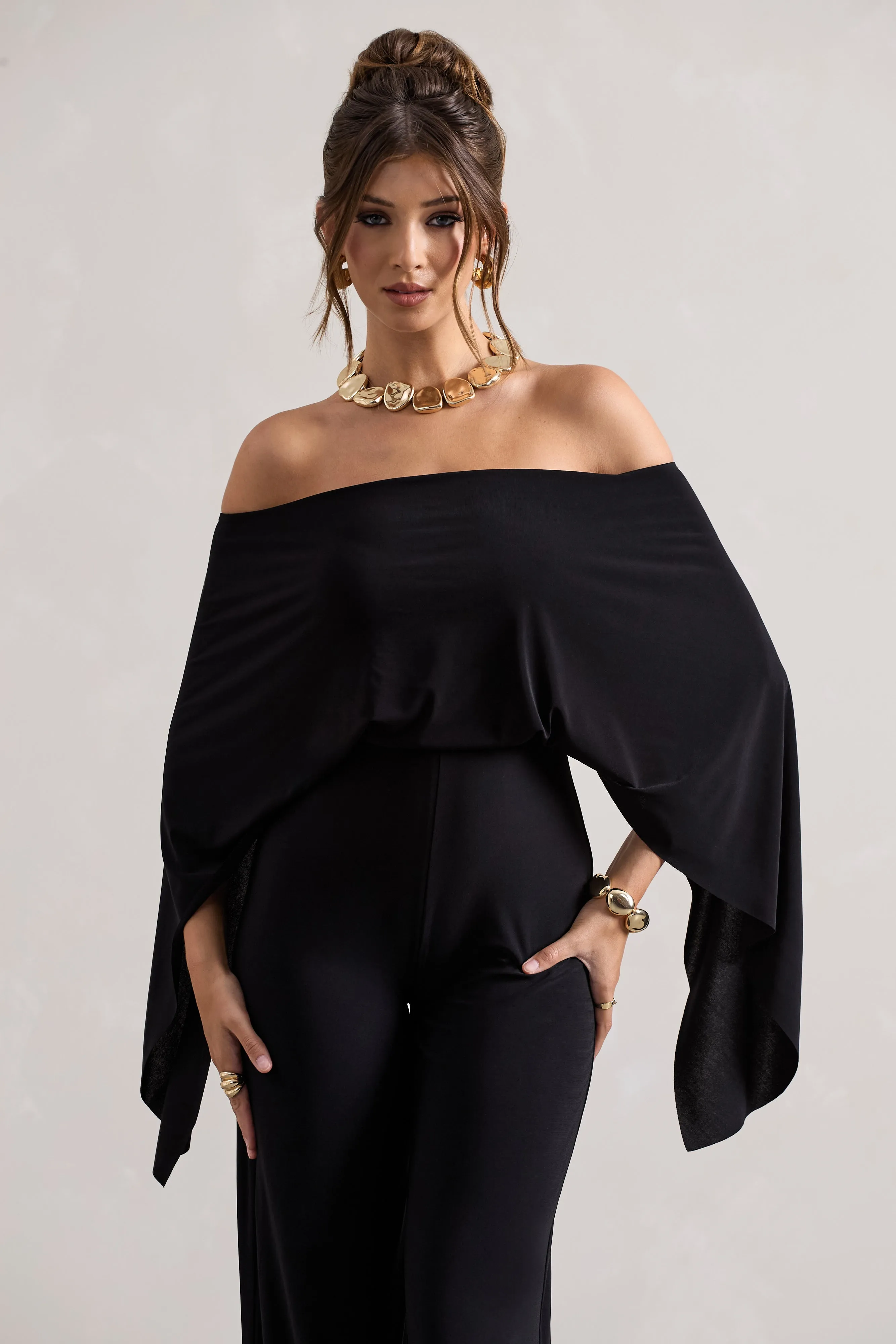 Kori | Black Bardot Wide-Leg Jumpsuit With Cape