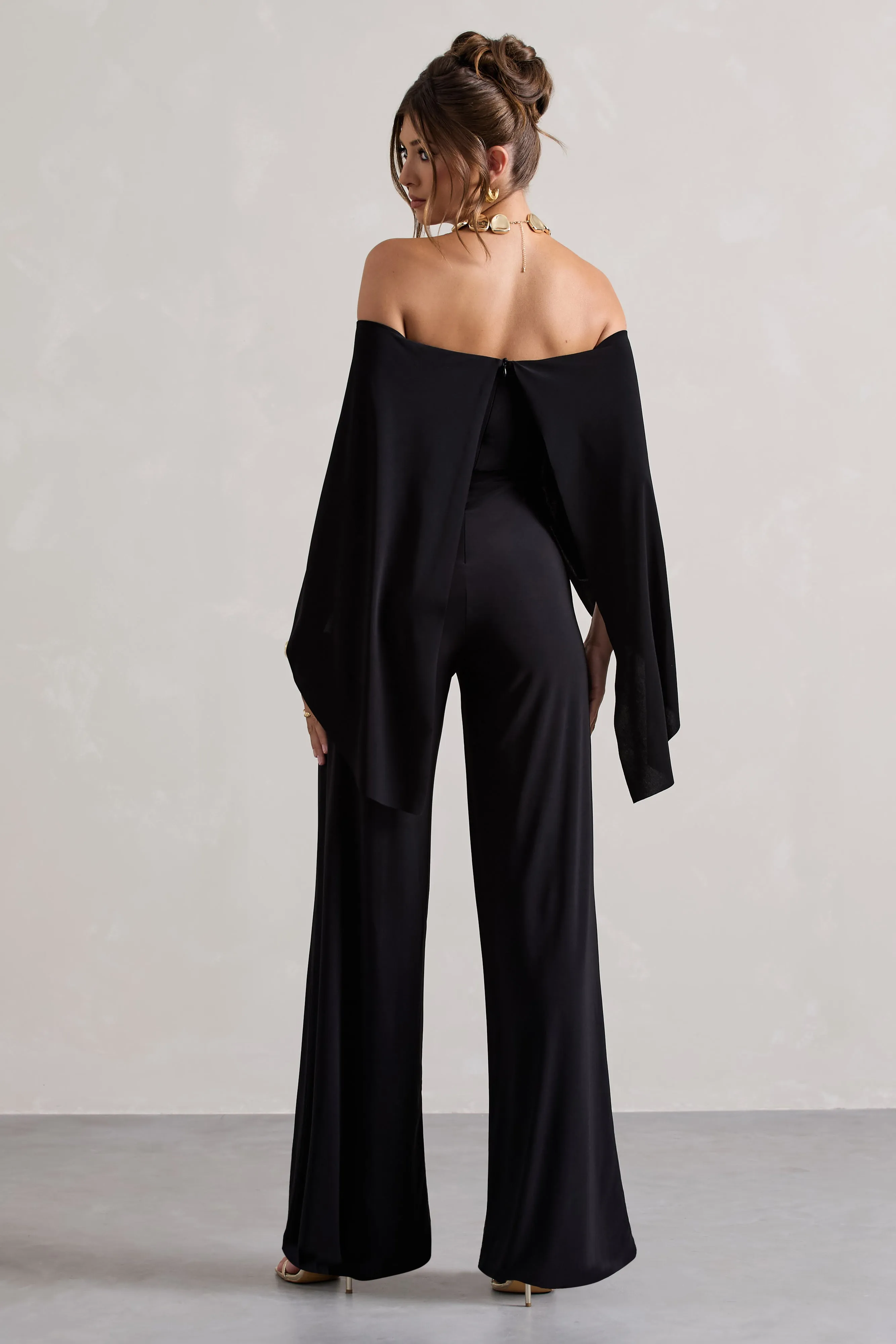 Kori | Black Bardot Wide-Leg Jumpsuit With Cape