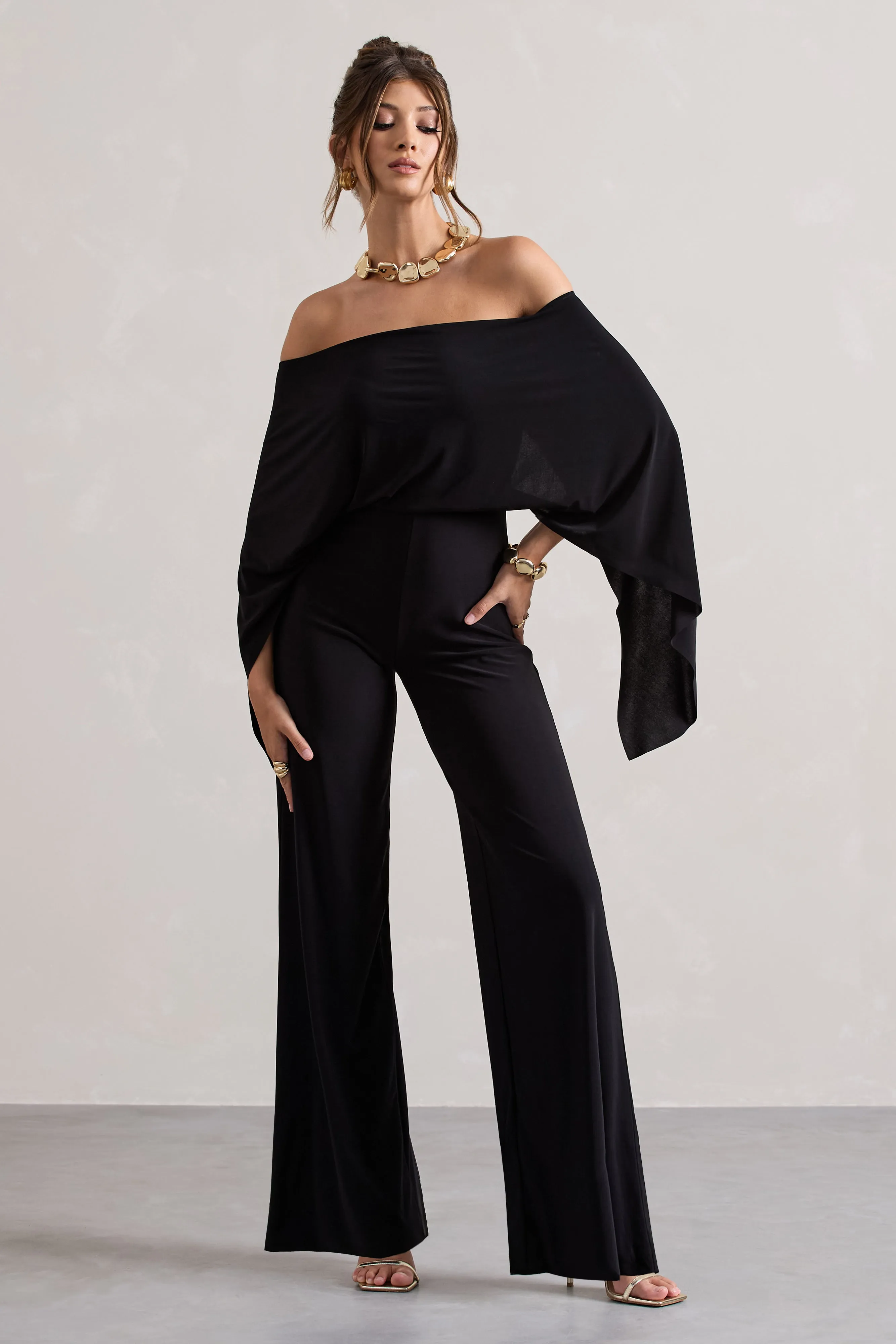 Kori | Black Bardot Wide-Leg Jumpsuit With Cape