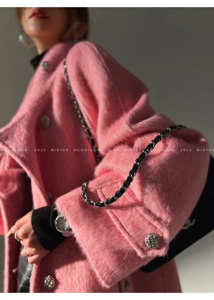 Luxury full Winter Coat Bubble gum Pink Inkstone wool long coat - Lanshan