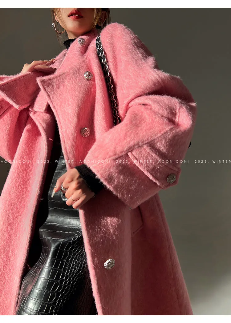 Luxury full Winter Coat Bubble gum Pink Inkstone wool long coat - Lanshan