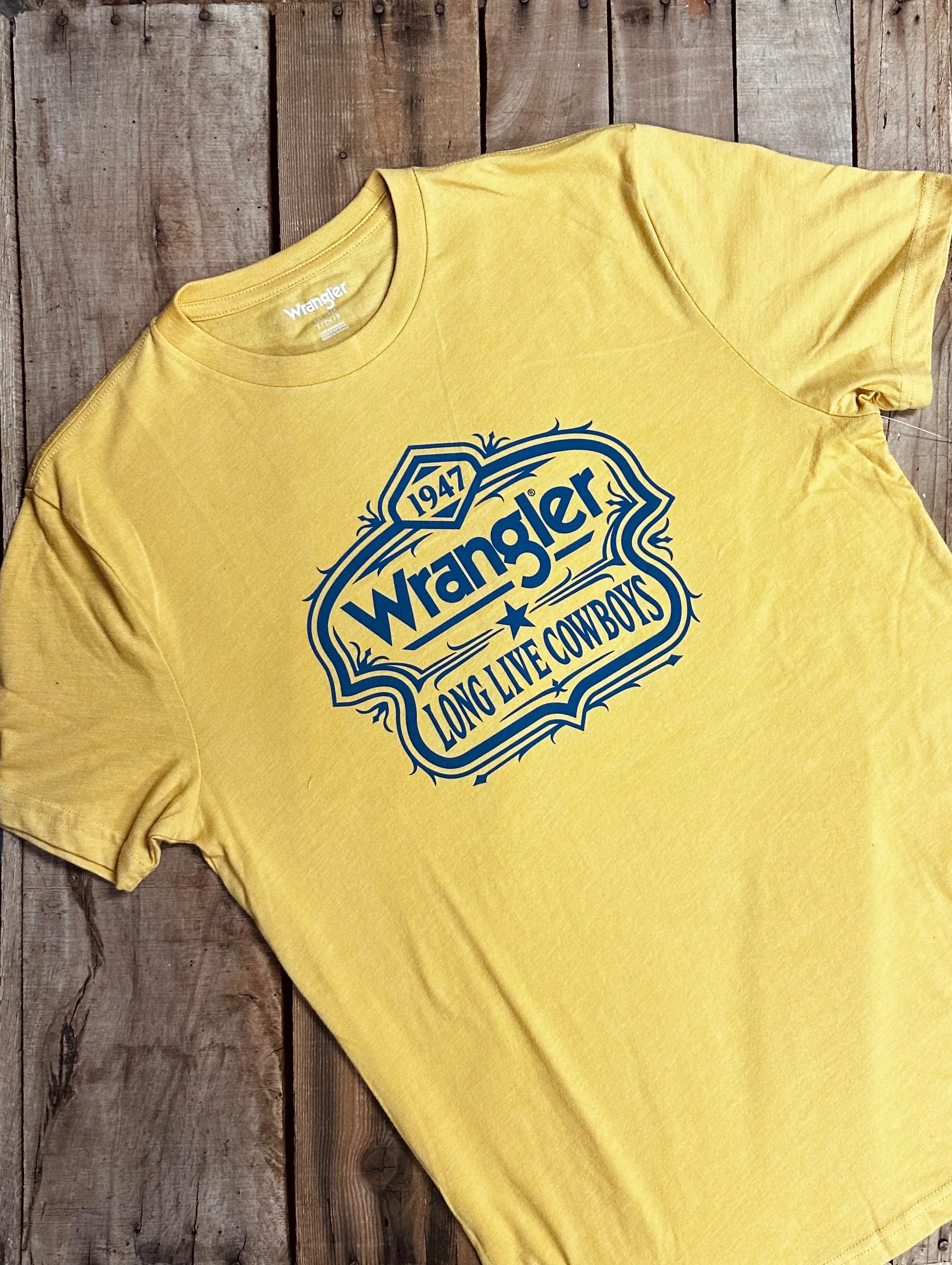 Men's Long Live Cowboys Wrangler Graphic Tee in Yellow