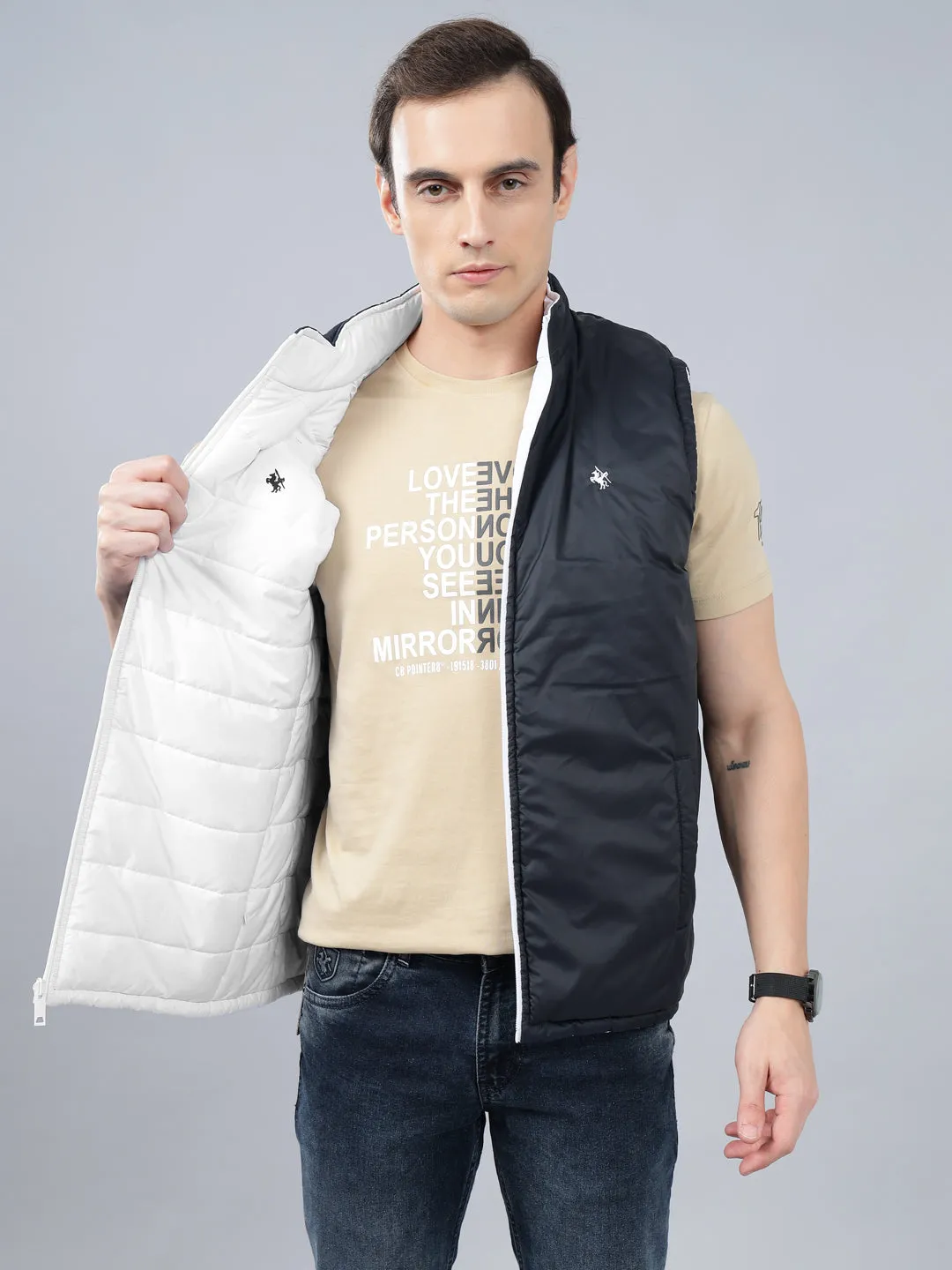 Men's White Solid Stand Collar Reversible Winter Jacket