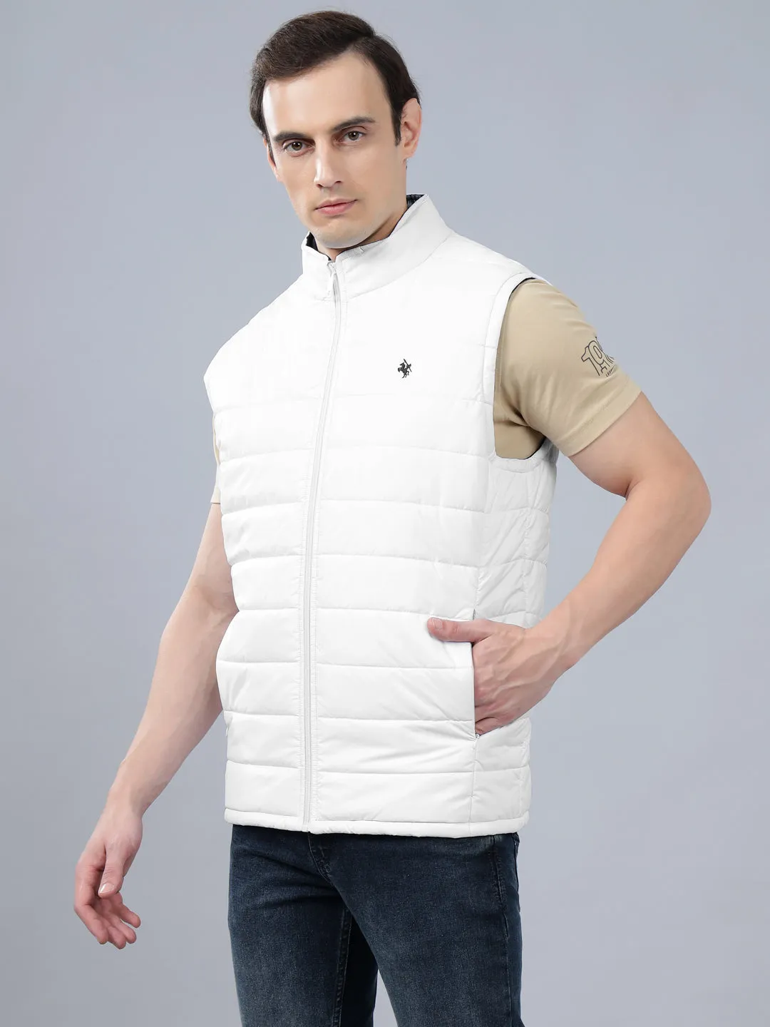 Men's White Solid Stand Collar Reversible Winter Jacket