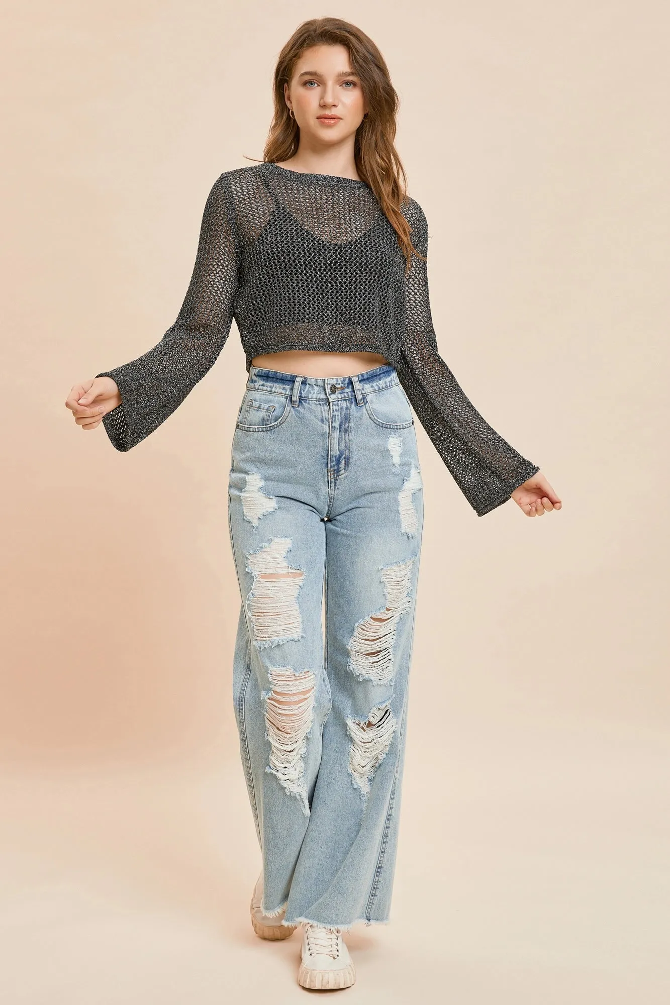 Metallic Crochet Long Sleeve Cropped Top