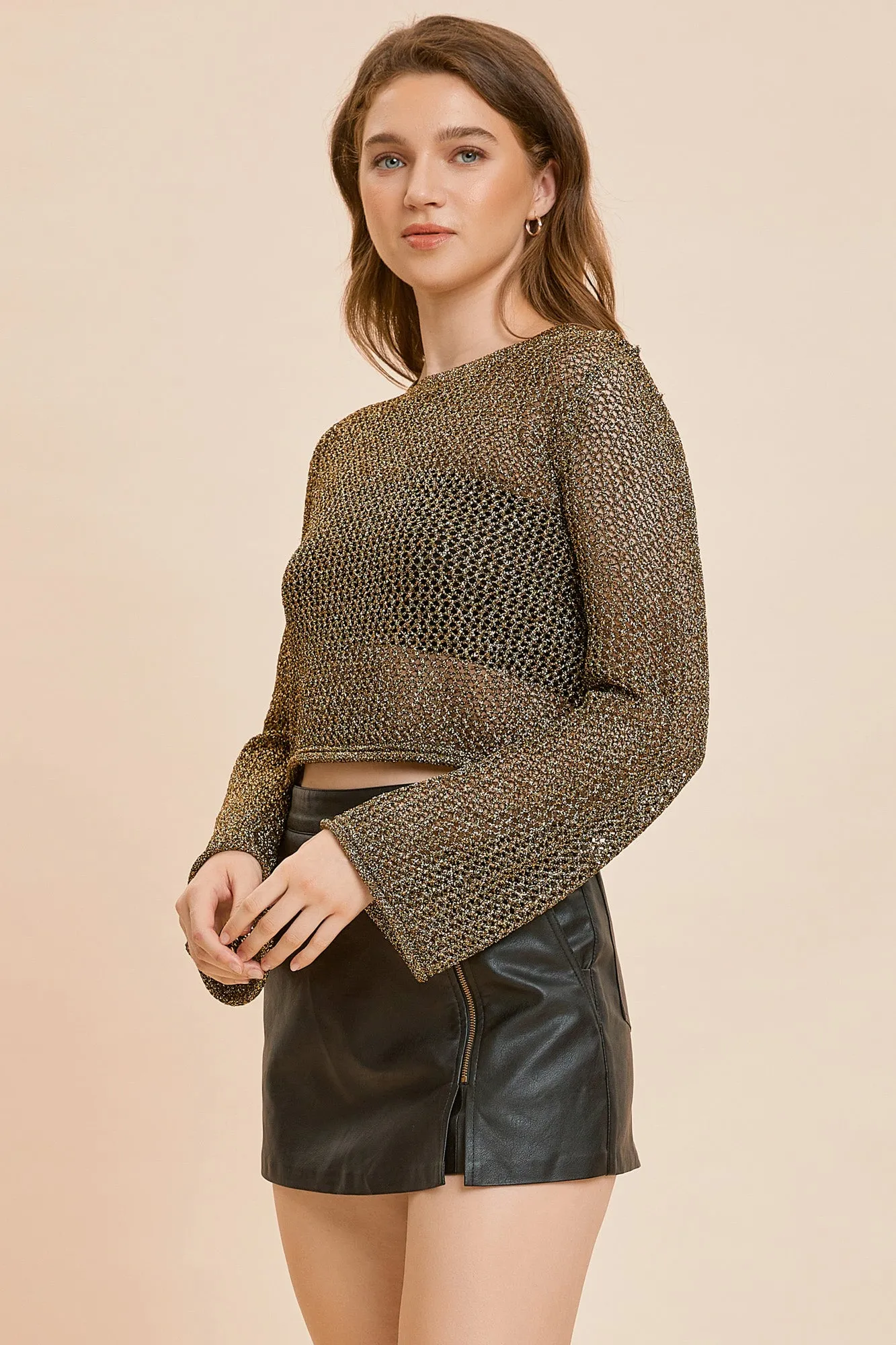 Metallic Crochet Long Sleeve Cropped Top