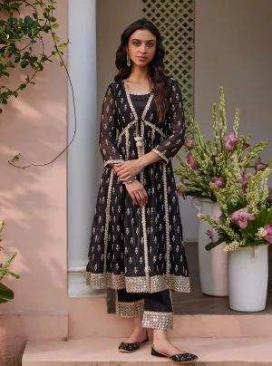 Mulmul Organza Samici Black Anarkali Kurta With Mulmul Pima Samici Black Pant