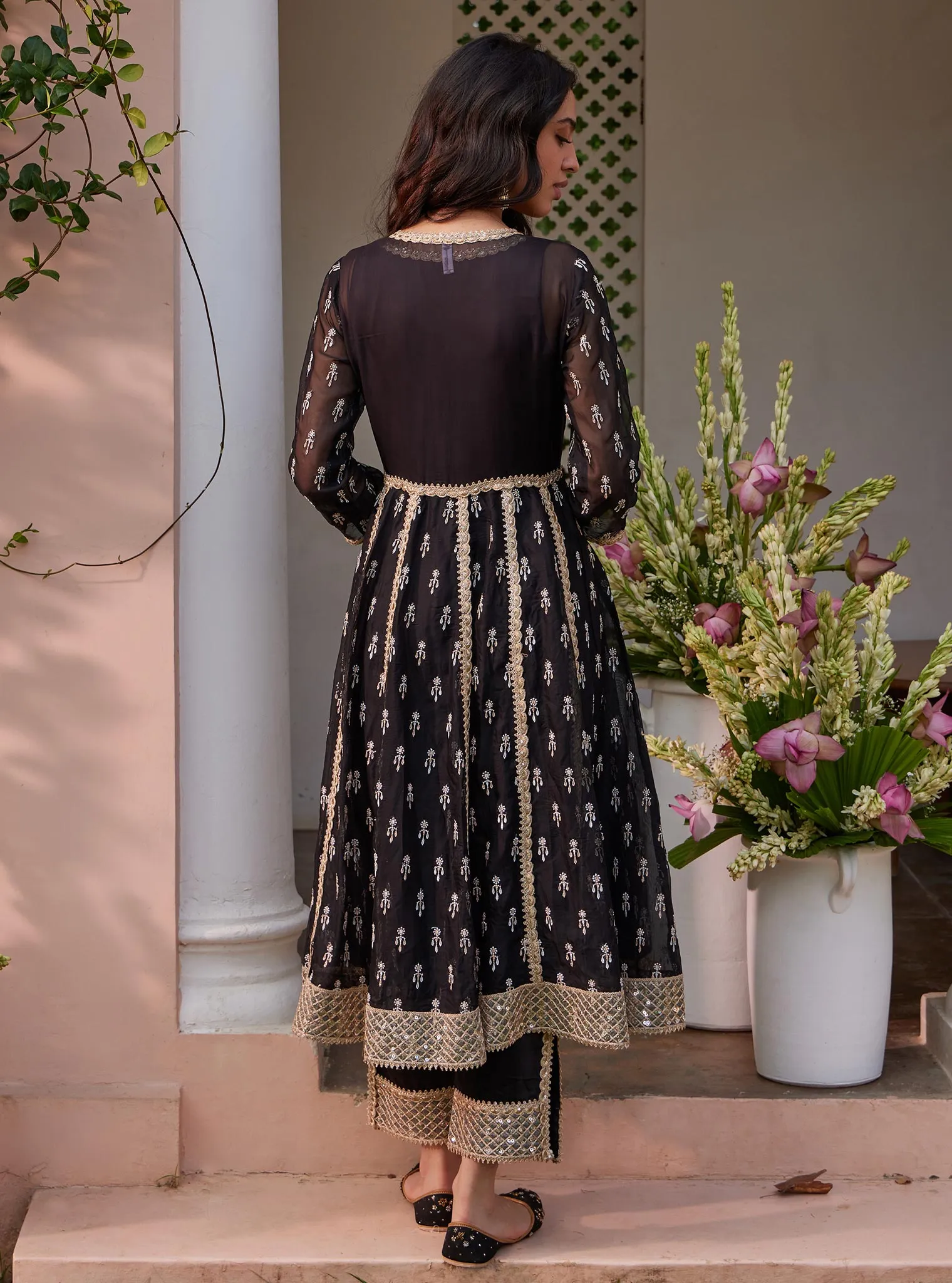 Mulmul Organza Samici Black Anarkali Kurta With Mulmul Pima Samici Black Pant