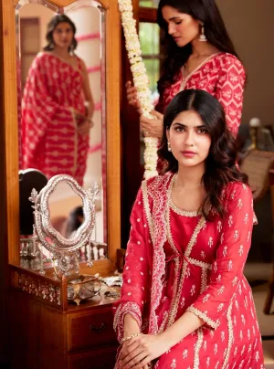 Mulmul Organza Samici Red Anarkali Kurta With Mulmul Pima Samici Red Pant