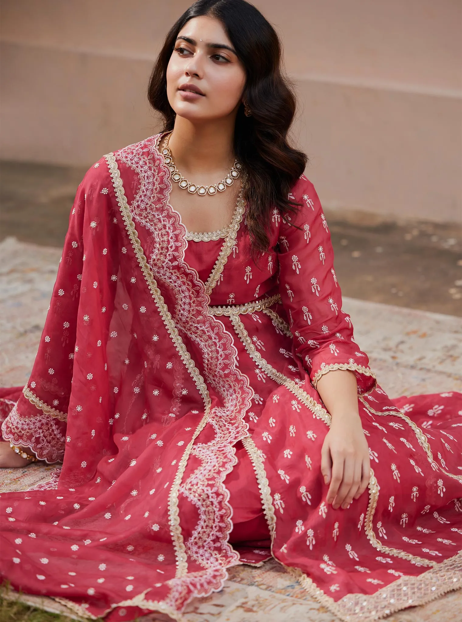 Mulmul Organza Samici Red Anarkali Kurta With Mulmul Pima Samici Red Pant