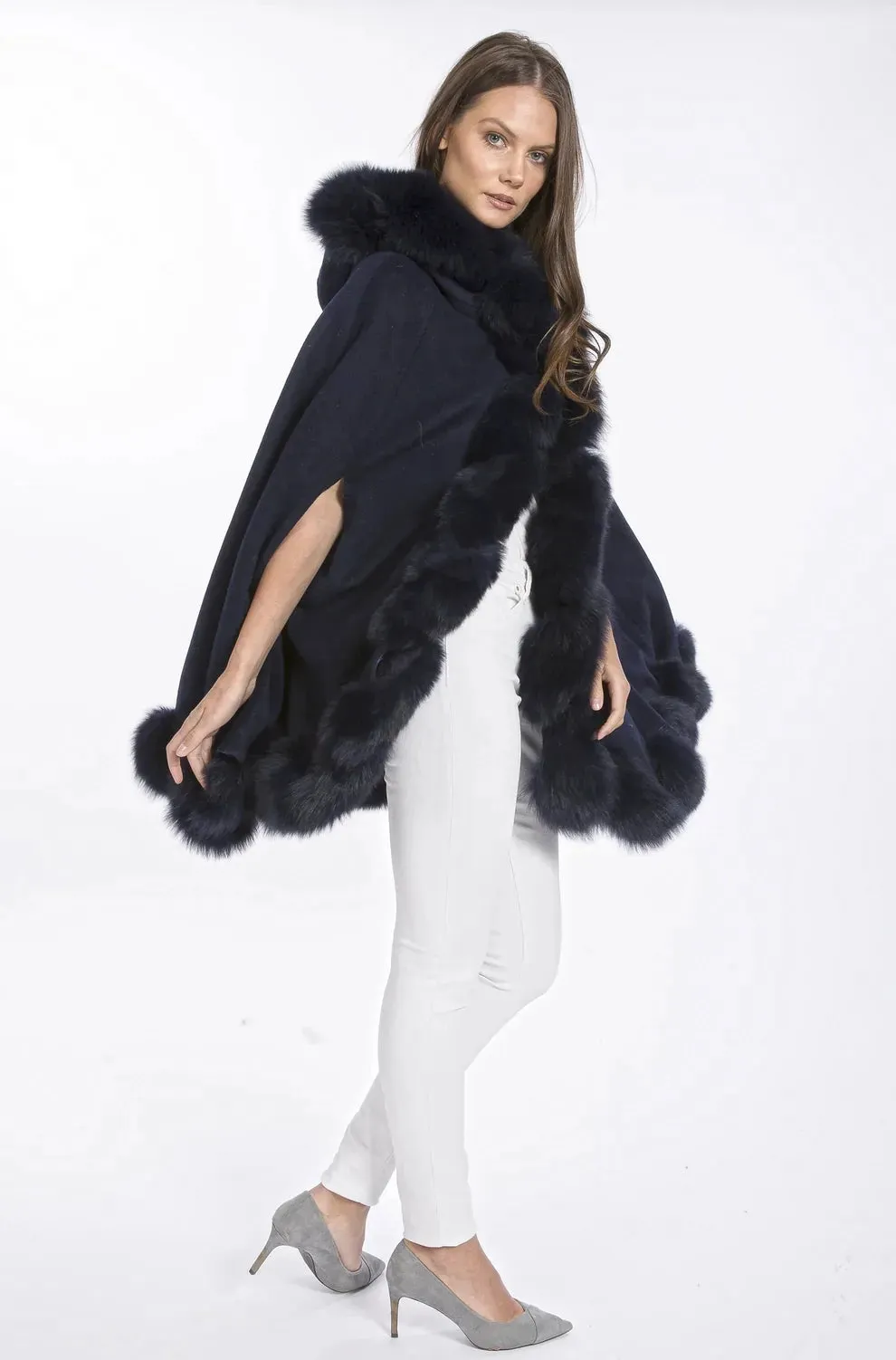 Navy Cashmere Hooded and Fox Fur Cape Coat