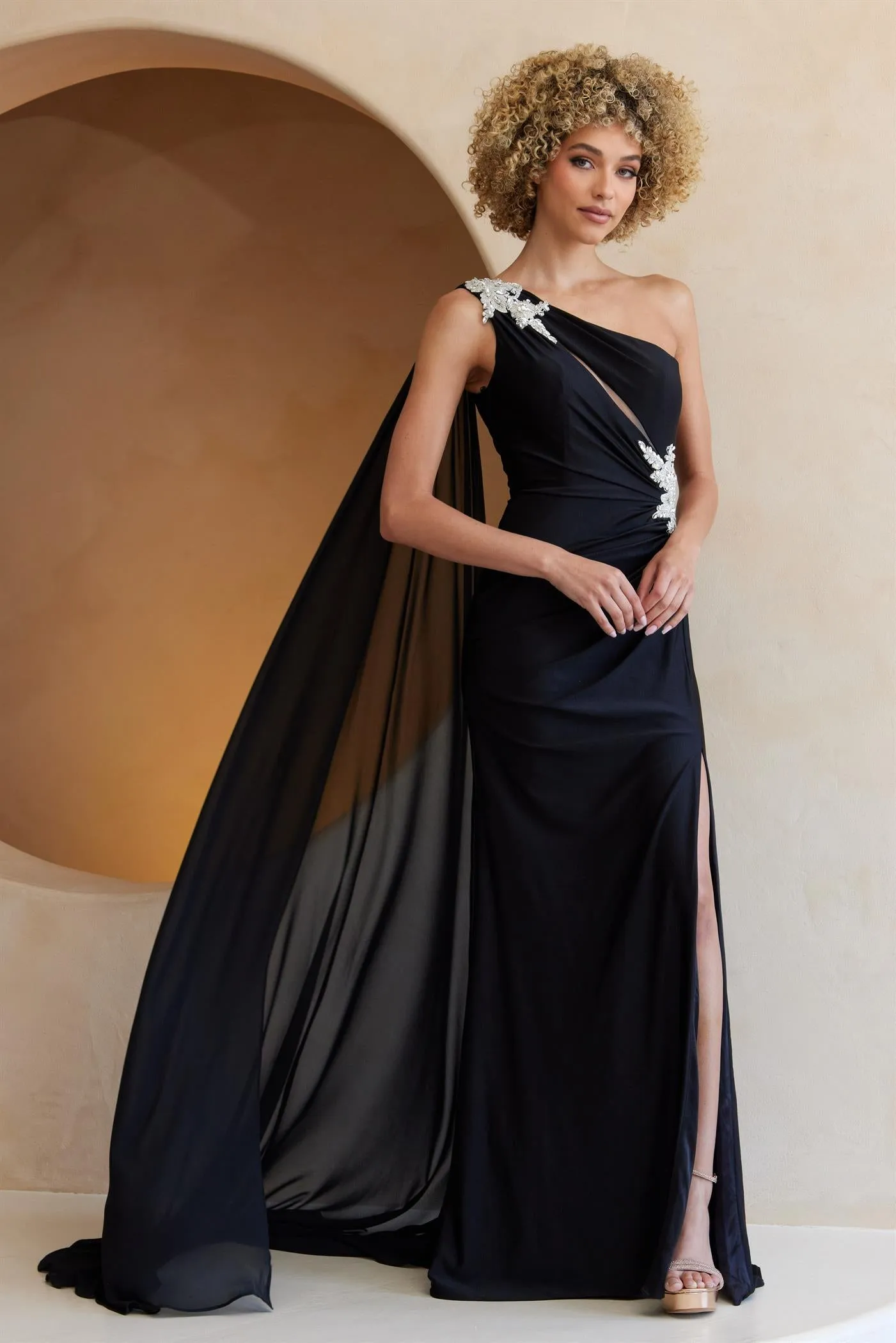 One Shoulder Sheath Jewel Embellished Maxi Gala Dress w/ Side Cape & Front Keyhole AC7056