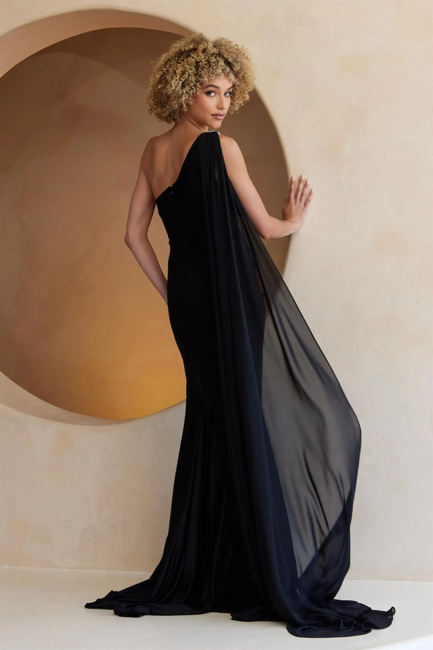 One Shoulder Sheath Jewel Embellished Maxi Gala Dress w/ Side Cape & Front Keyhole AC7056