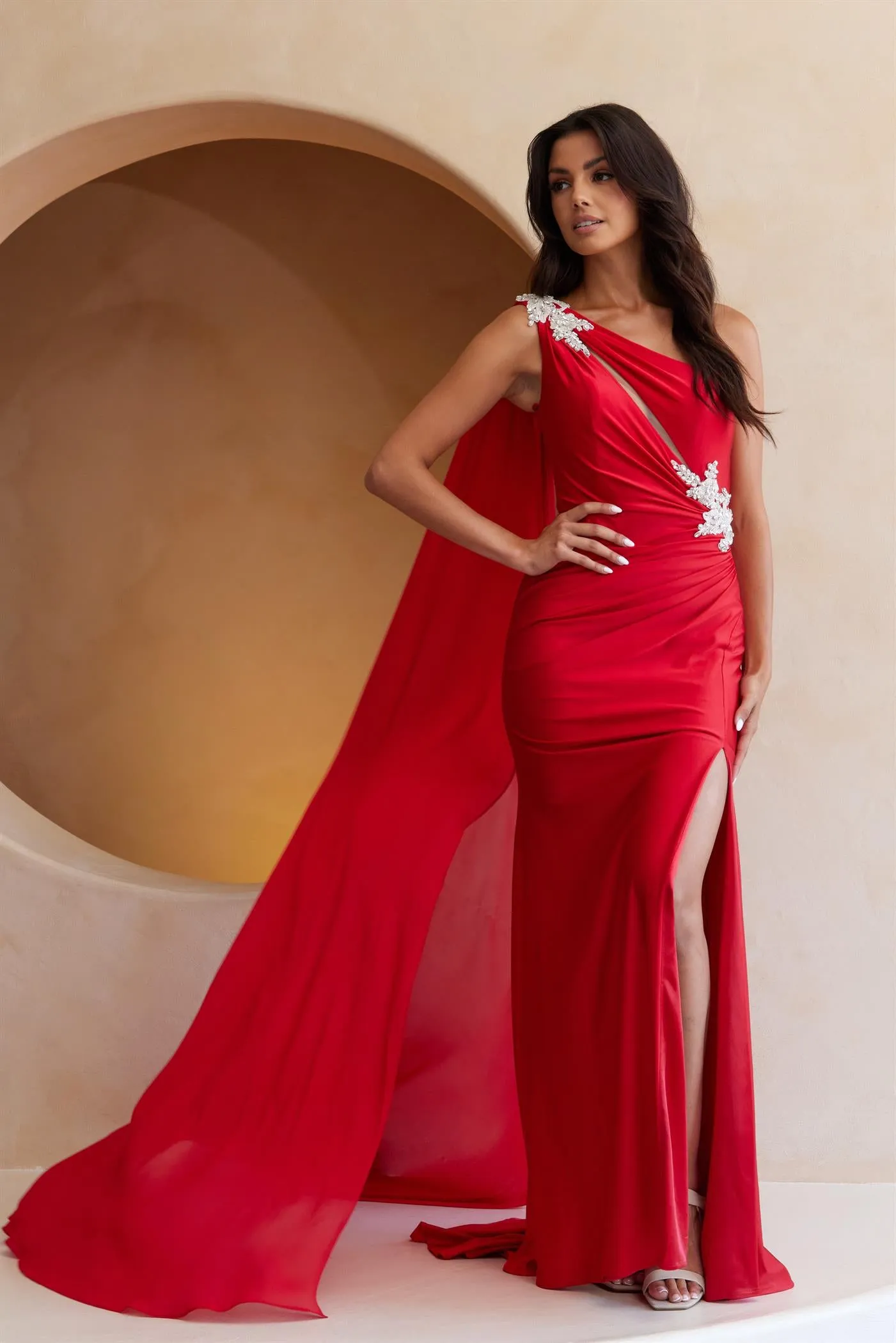 One Shoulder Sheath Jewel Embellished Maxi Gala Dress w/ Side Cape & Front Keyhole AC7056