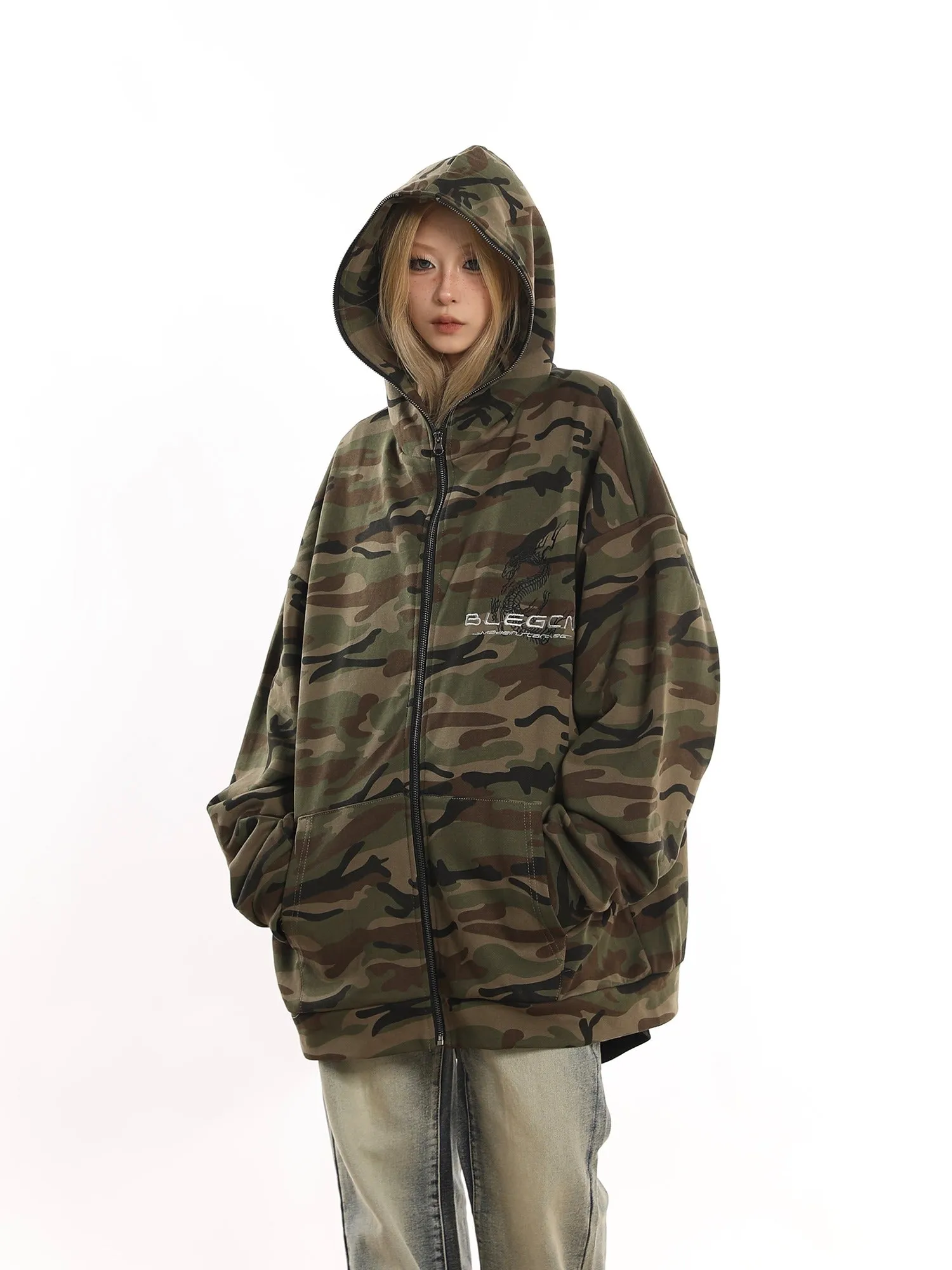 Oversized Camo Print Fleece Jacket