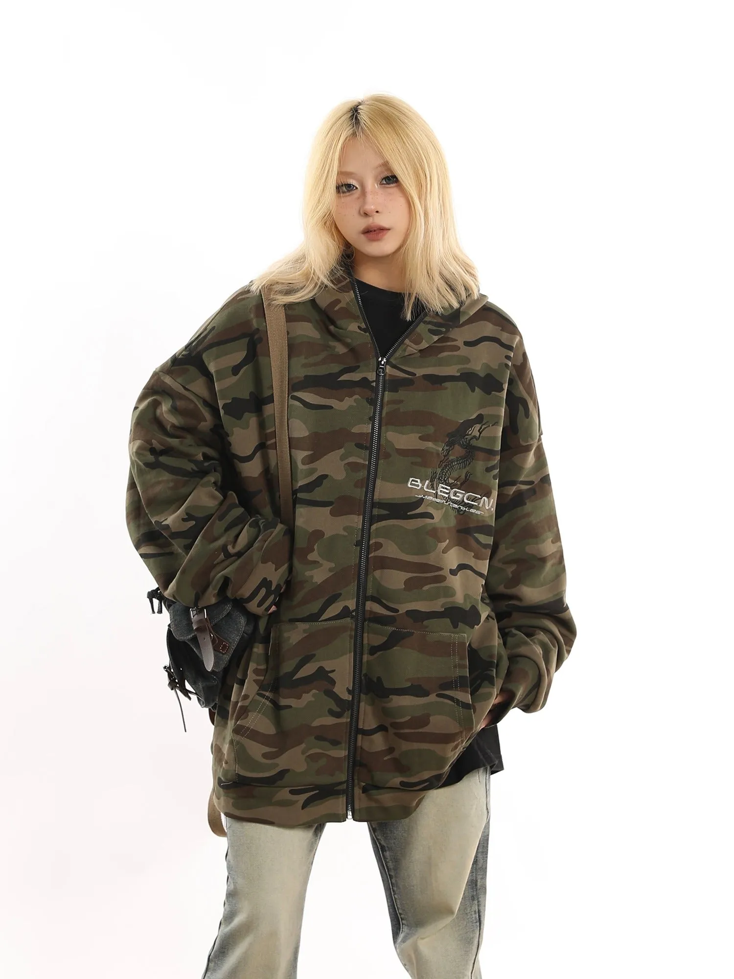 Oversized Camo Print Fleece Jacket