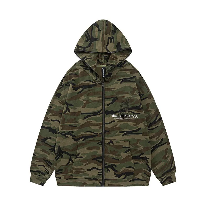 Oversized Camo Print Fleece Jacket