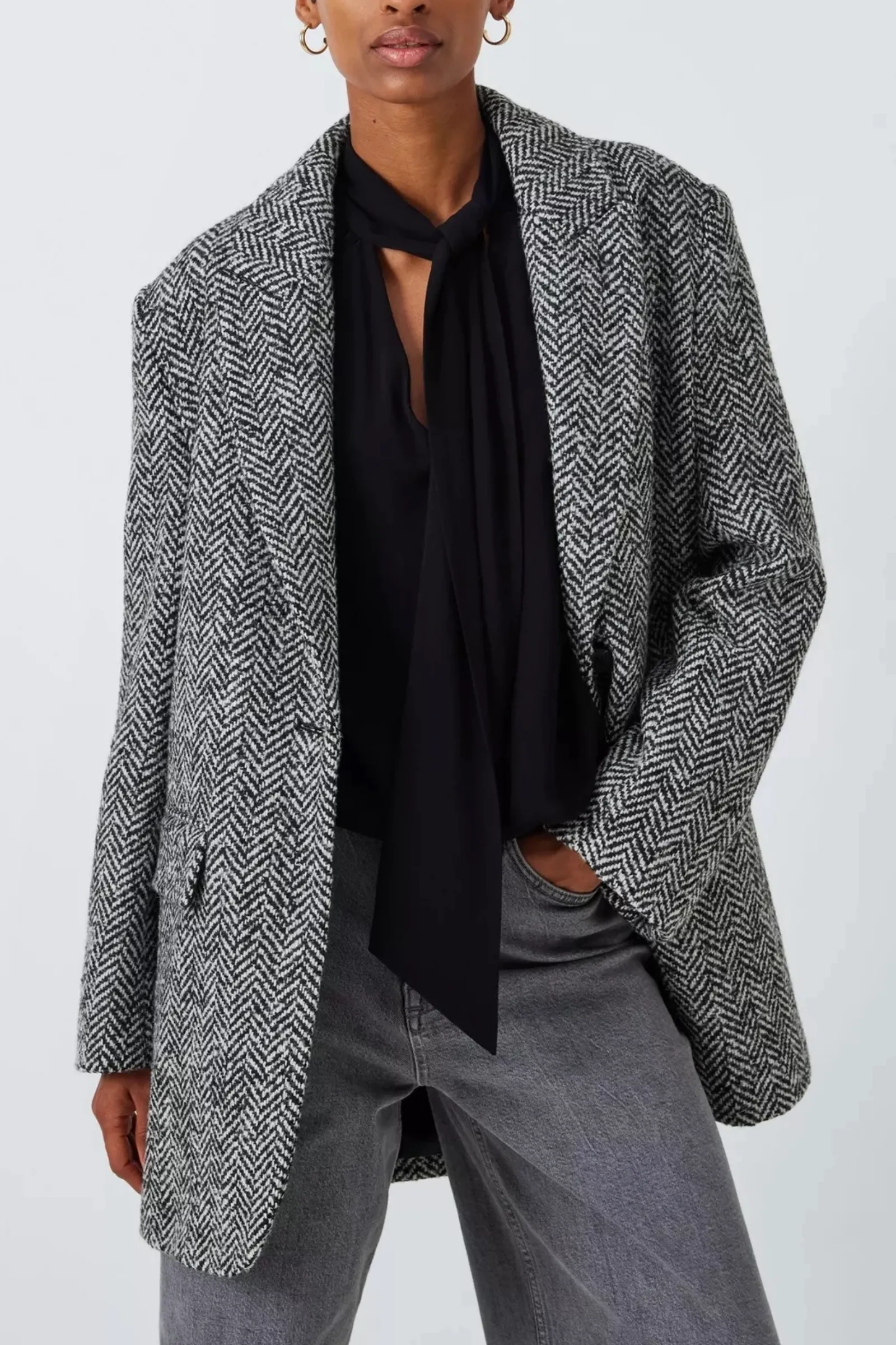 Oversized Herringbone Wool Blend Jacket, Black/White