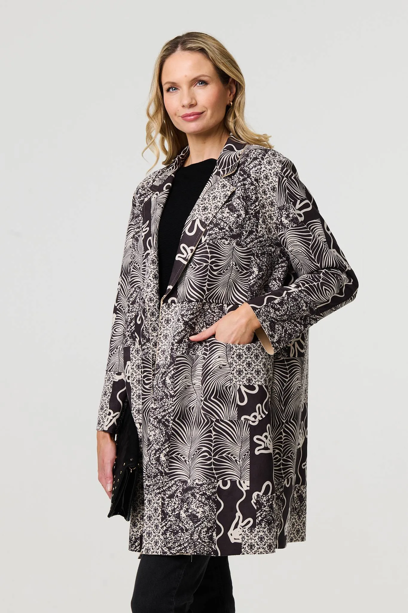 Patchwork Print Longline Blazer Jacket