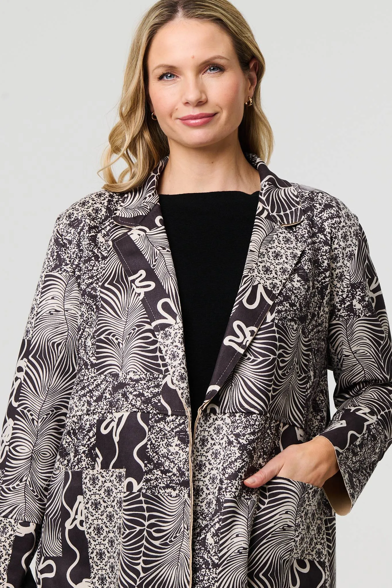 Patchwork Print Longline Blazer Jacket