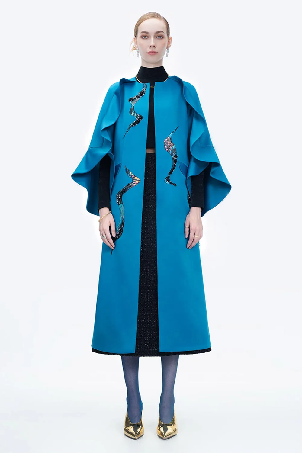 Poppy Of The Moon Coat Trapezoid Ruffle Trim Twill Calf Length Coat